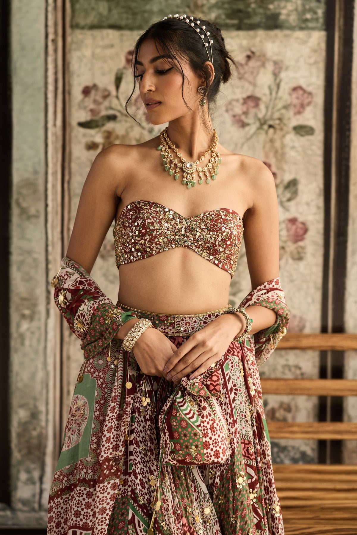 SAGE-MAROON PRINT AND HIGHLIGHTED STRAPLESS BLOUSE WITH LEHENGA SET