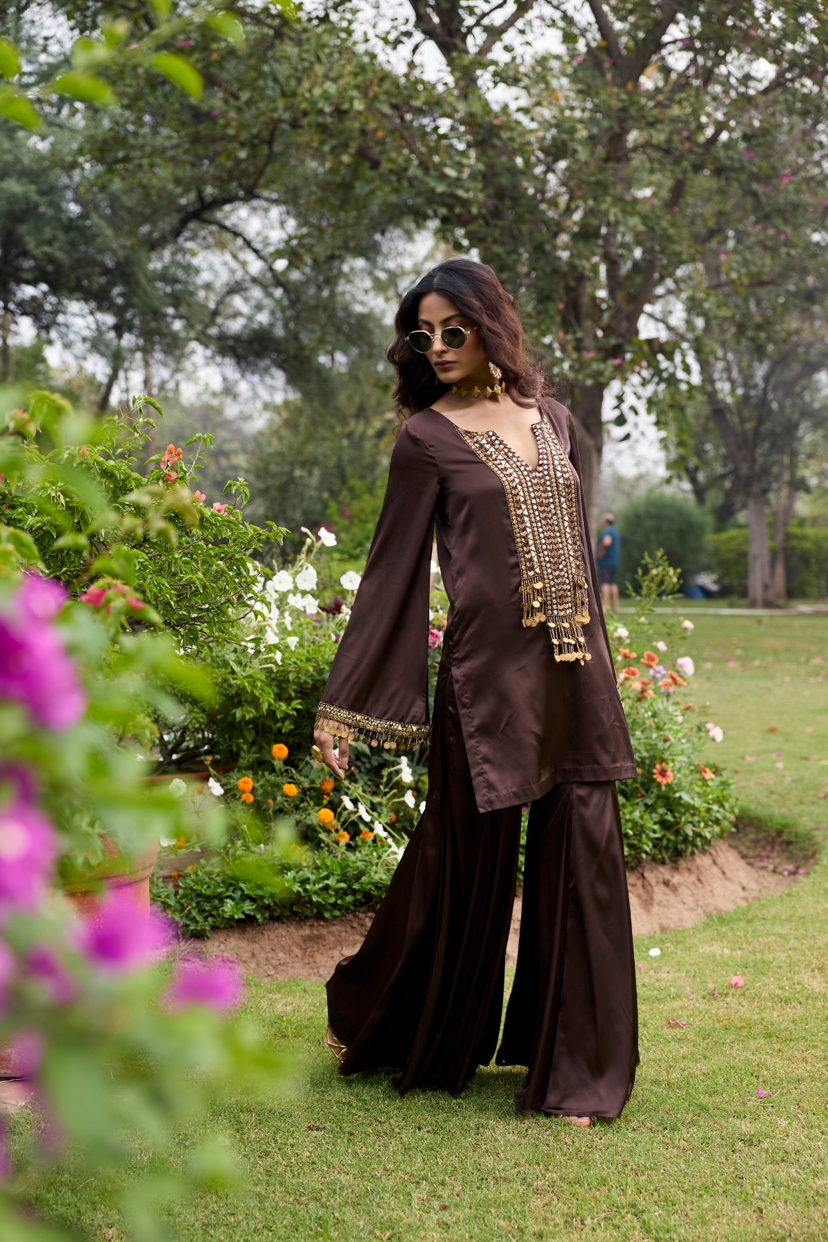 MOCHA BROWN EMBROIDERED SATIN KURTI SET