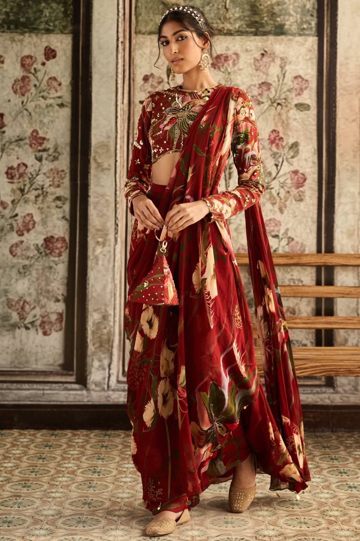 RED FLORAL PRINTED SKIRT SAREE SET