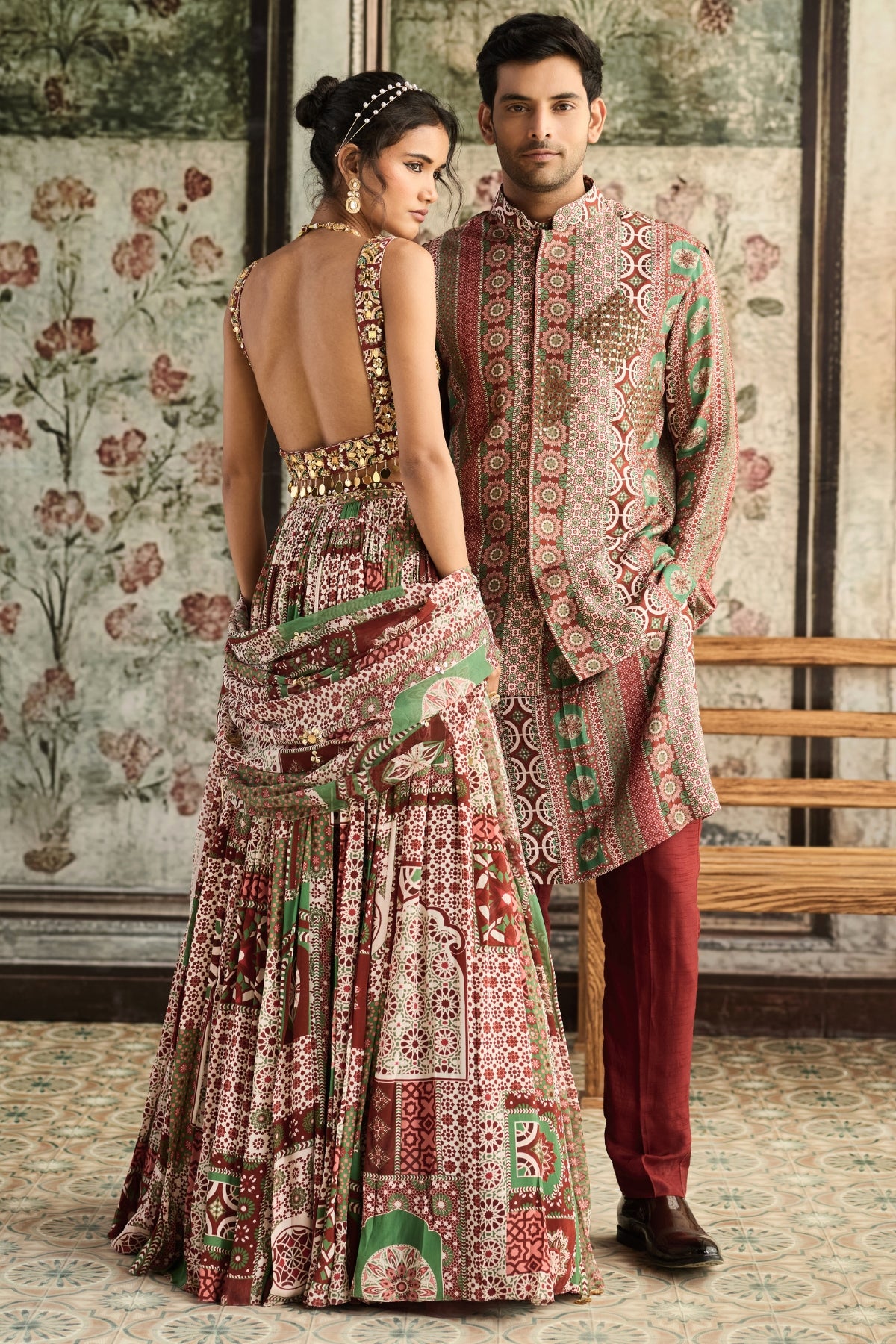 SAGE-MAROON PRINT AND HIGHLIGHTED SQUARE NECK BLOUSE WITH LEHENGA SET