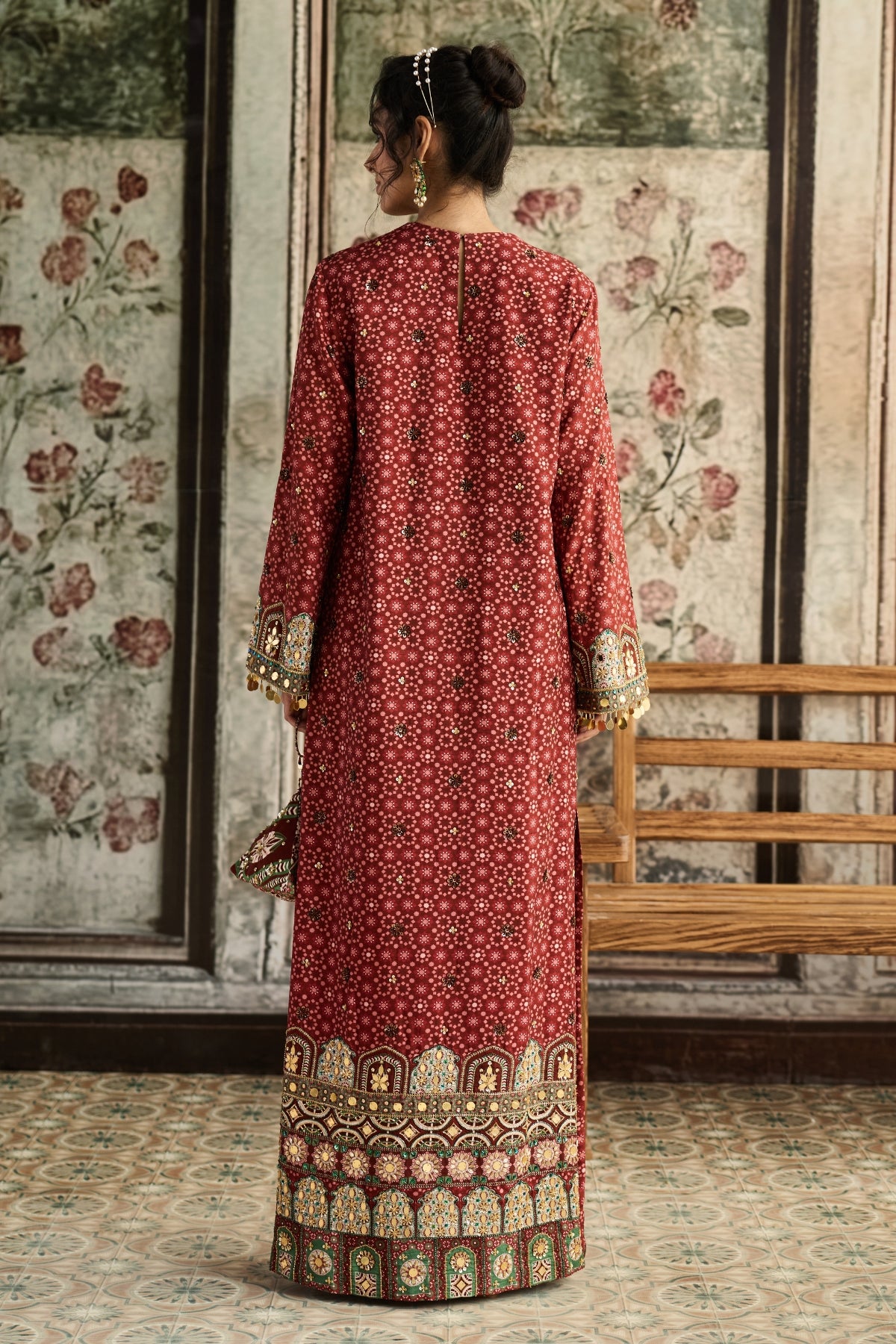 SAGE-MAROON PRINT AND HIGHLIGHTED KAFTAN