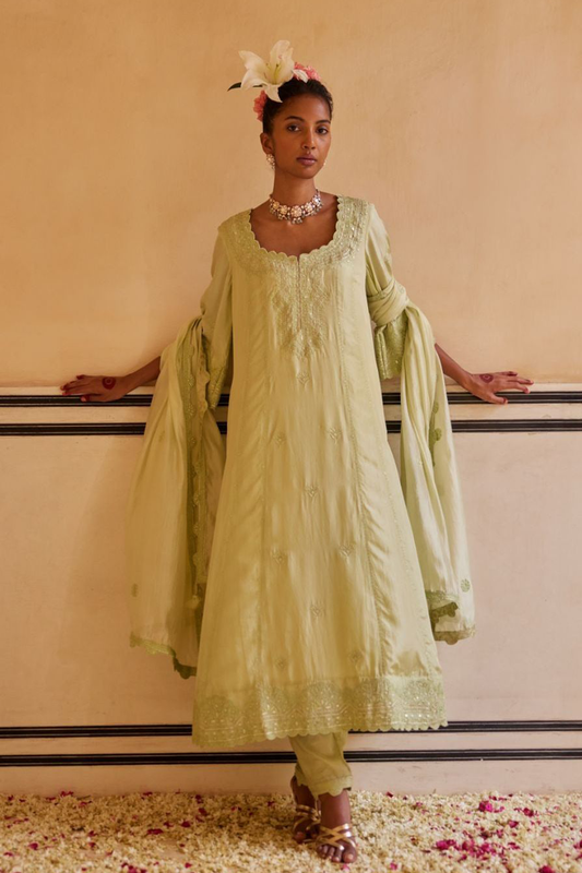 Mint Anarkali Paired With Pants & Dupatta