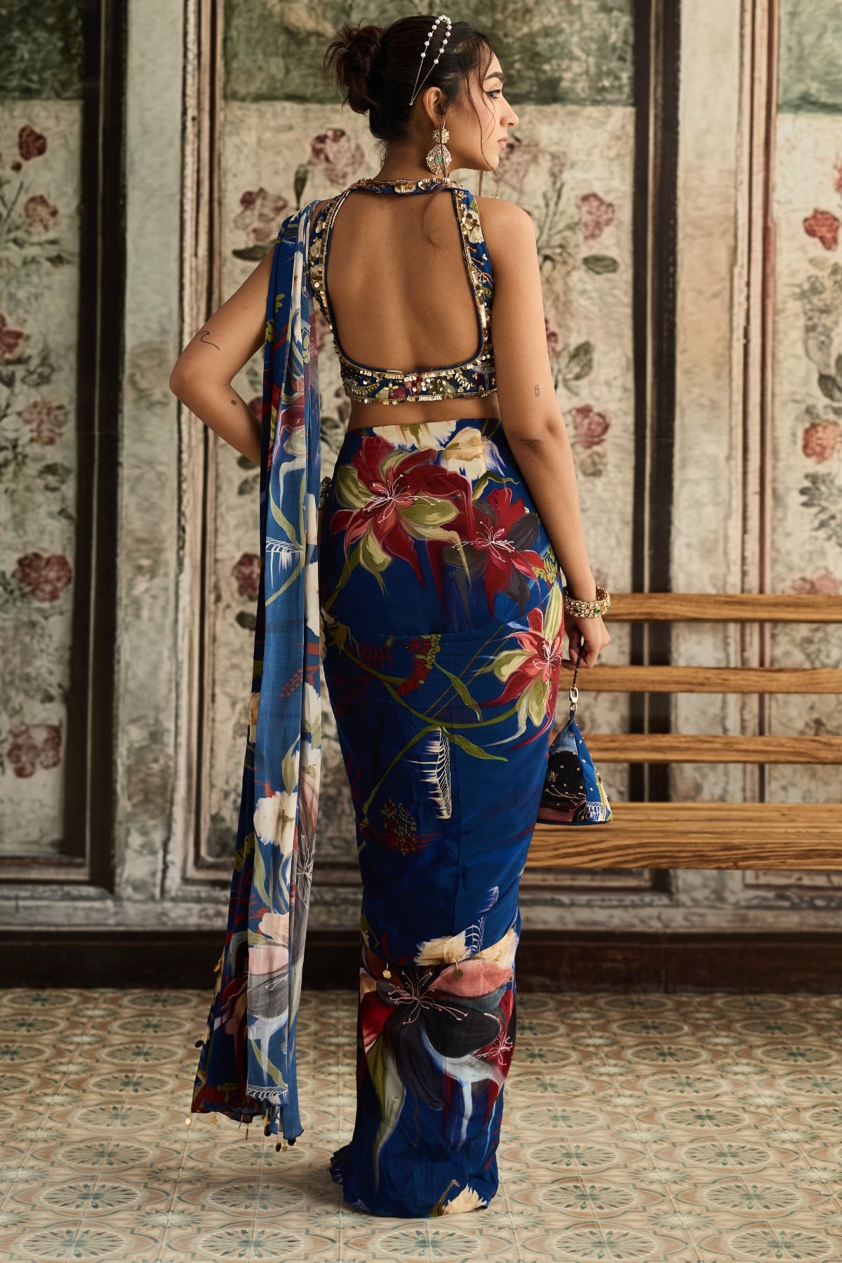 BLUE FLORAL PRINTED SKIRT SAREE SET