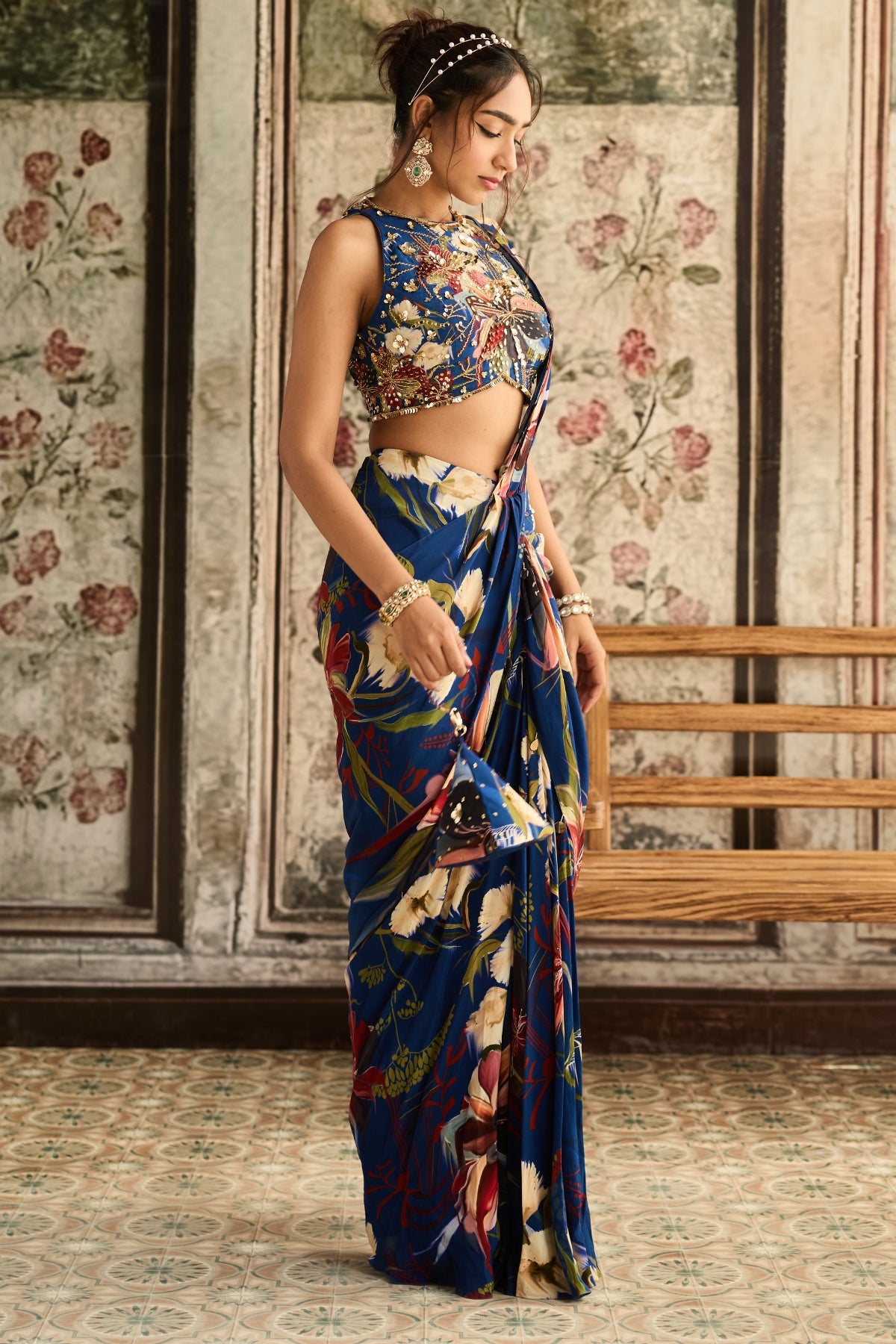 BLUE FLORAL PRINTED SKIRT SAREE SET
