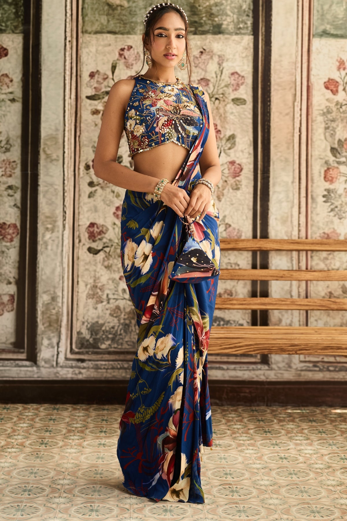 BLUE FLORAL PRINTED SKIRT SAREE SET
