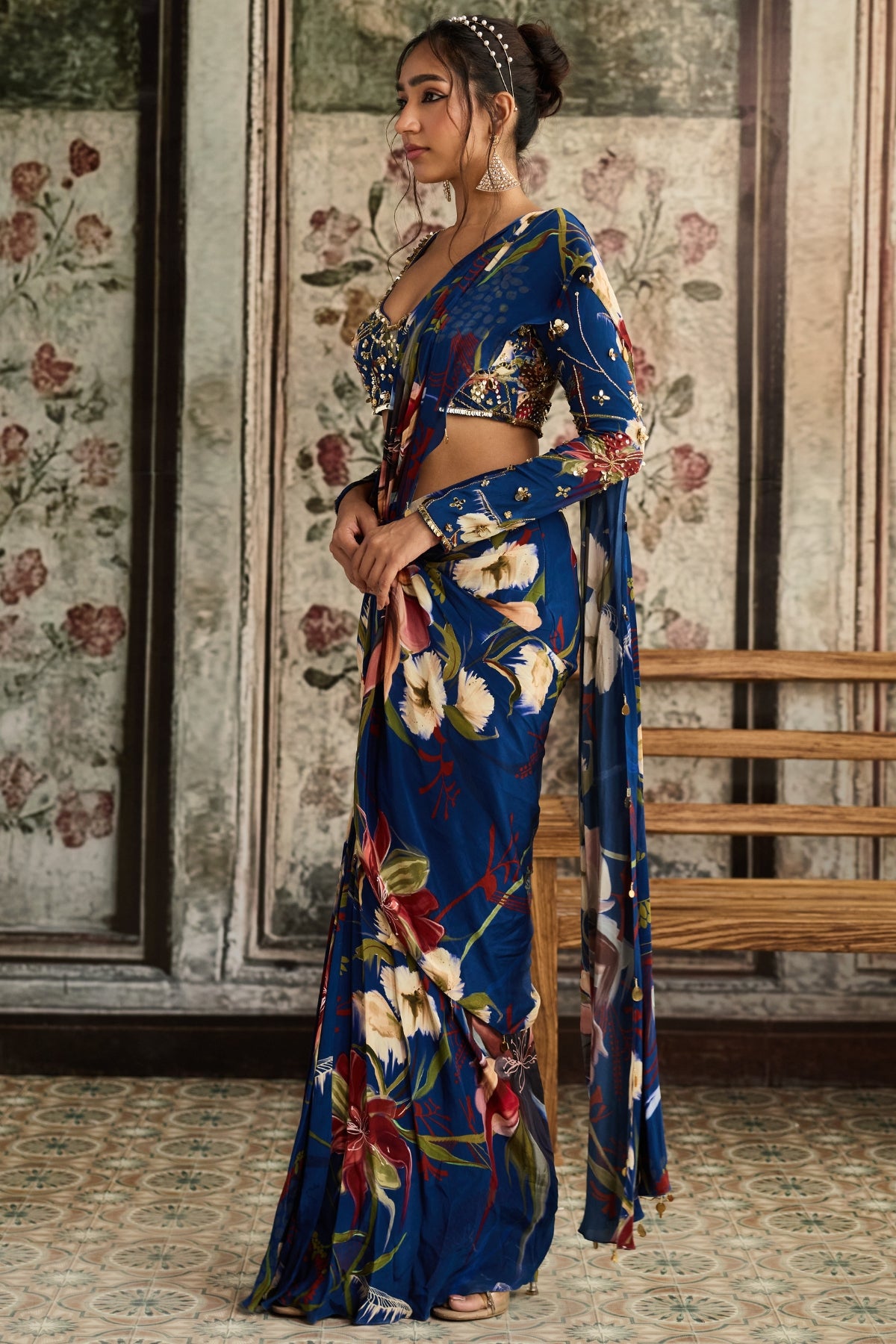 BLUE FLORAL PRINTED SKIRT SAREE SET