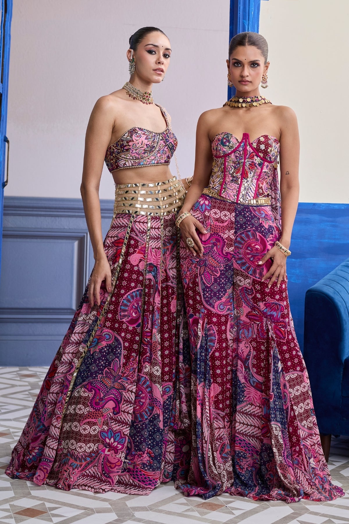 FUCHSIA FLORAL CORSET WITH GODET PANTS & CHOKER DUPATTA SET