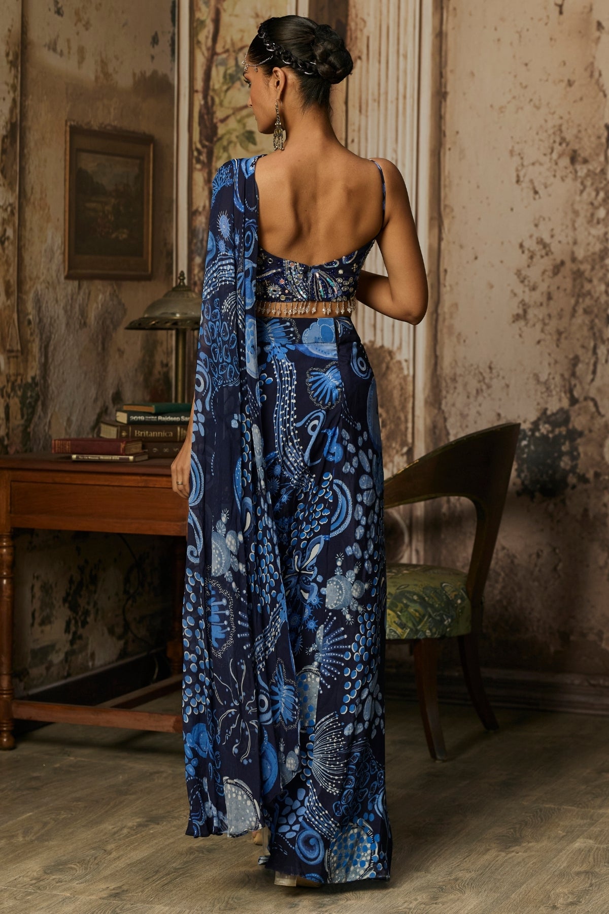 NAVY BLUE PRINTED DRAPE ASYMMETRIC CROP TOP AND SKIRT SET