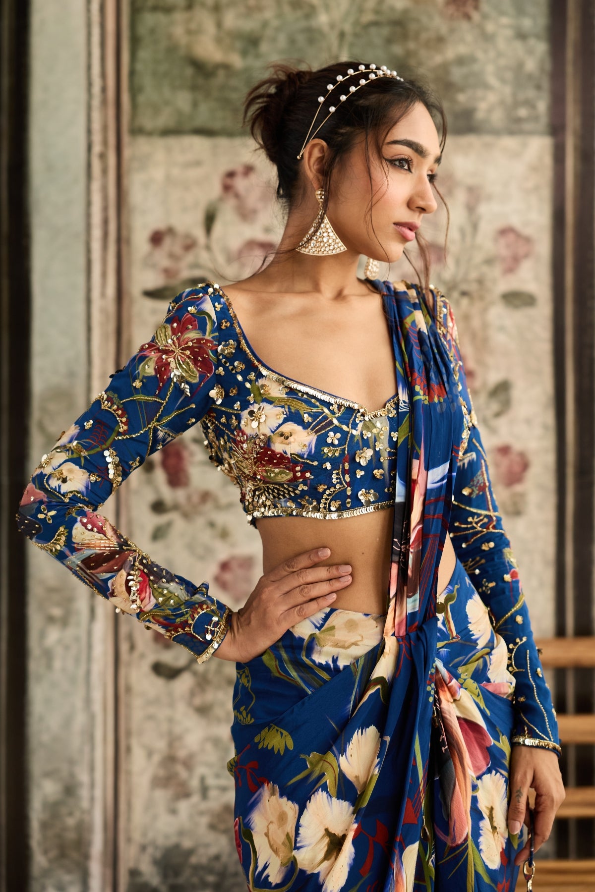 BLUE FLORAL PRINTED SKIRT SAREE SET