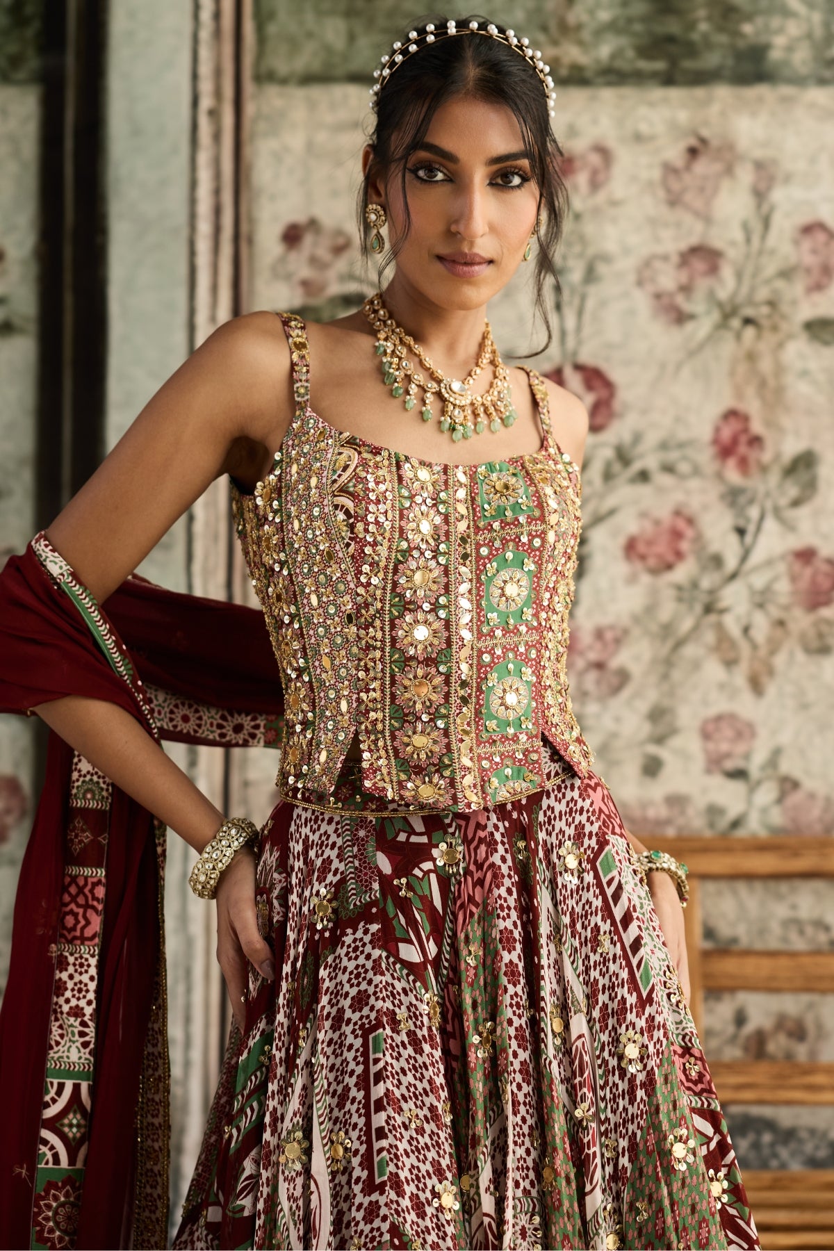 SAGE-MAROON PRINT AND HIGHLIGHTED CORSET BLOUSE LEHENGA SET