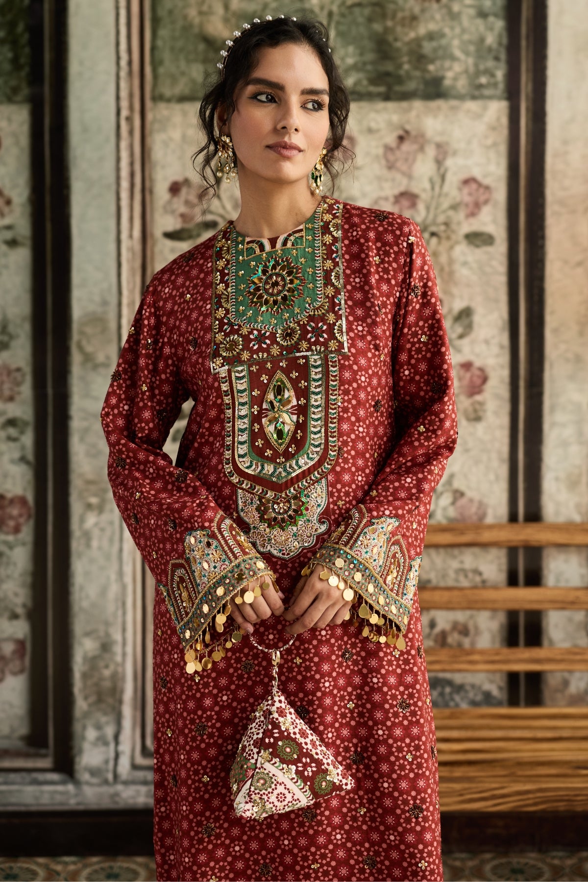 SAGE-MAROON PRINT AND HIGHLIGHTED KAFTAN