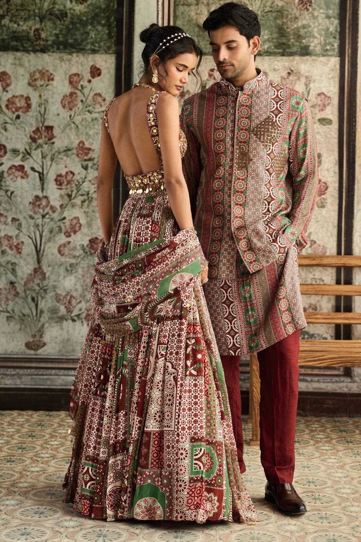 SAGE-MAROON PRINT AND HIGHLIGHTED SQUARE NECK BLOUSE WITH LEHENGA SET
