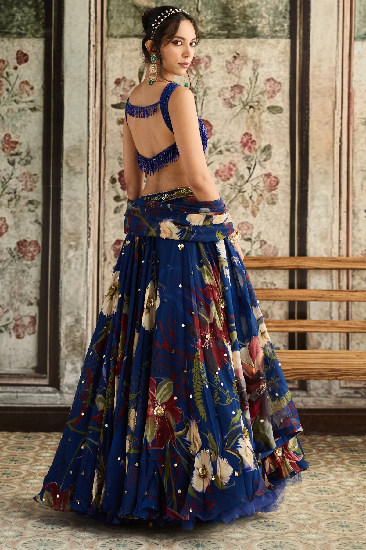 BLUE FLORAL PRINT AND HIGHLIGHTED LEHENGA SET