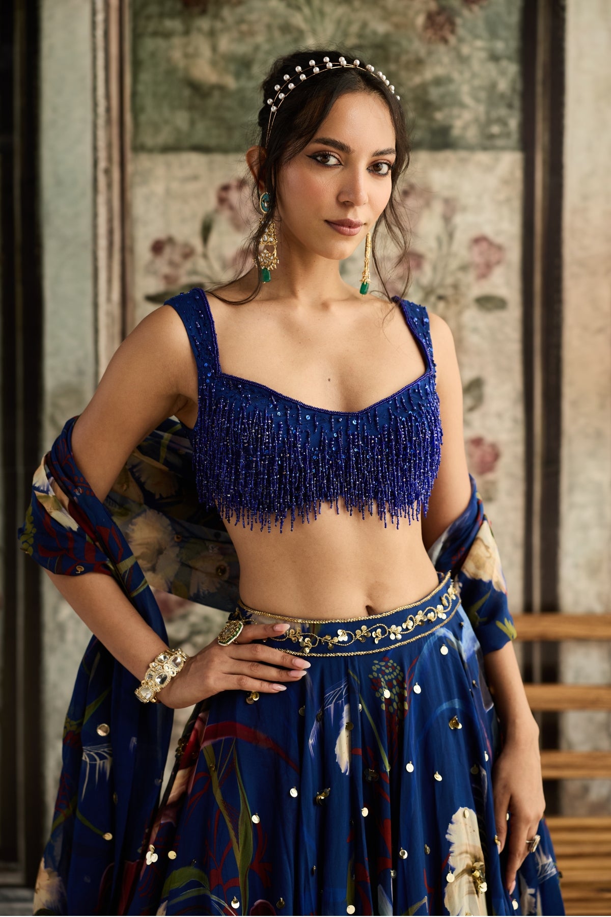 BLUE FLORAL PRINT AND HIGHLIGHTED LEHENGA SET