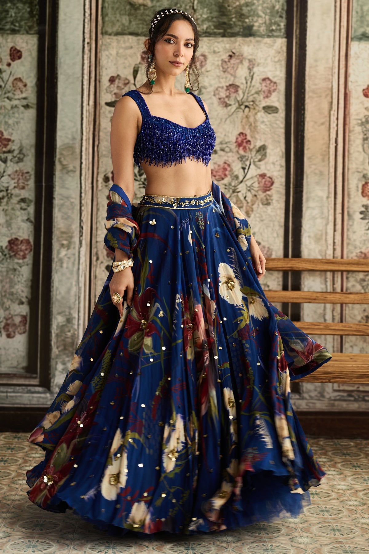 BLUE FLORAL PRINT AND HIGHLIGHTED LEHENGA SET