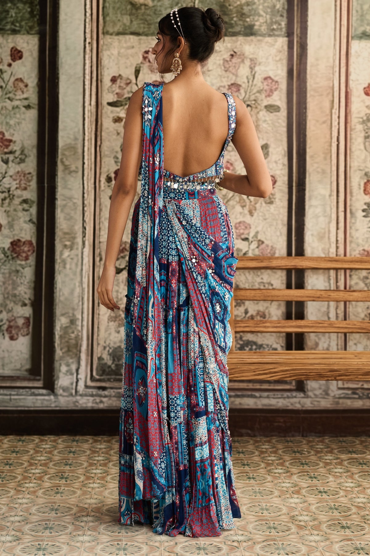 TEAL PRINT AND AND HIGHLIGHTED SQUARE NECK BLOUSE WITH TIERED SKIRT SAREE SET