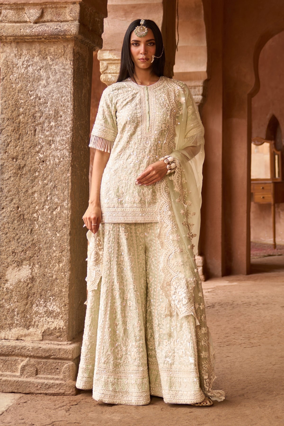 Heer - Mint Green Short Kurta With Sharara And Dupatta