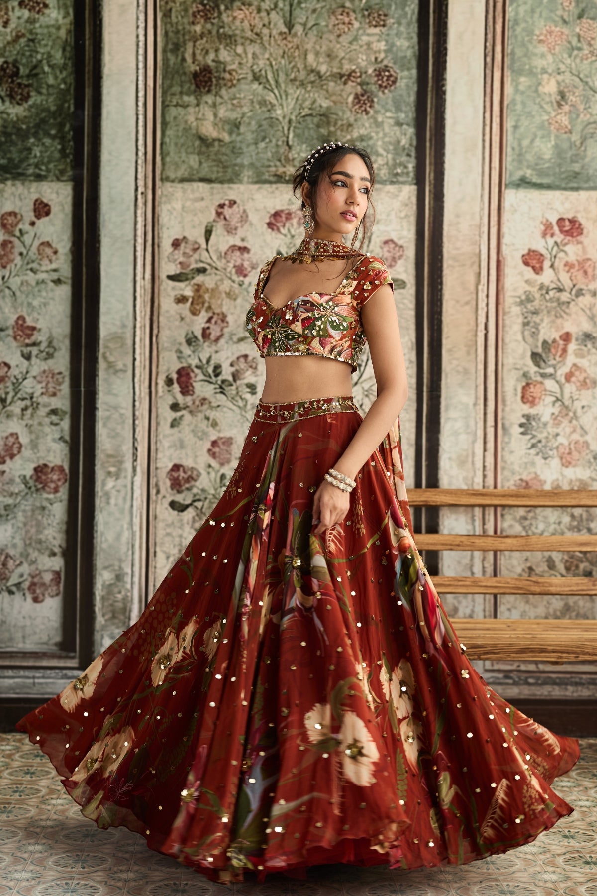 RUST FLORAL PRINT AND HIGHLIGHTED LEHENGA SET