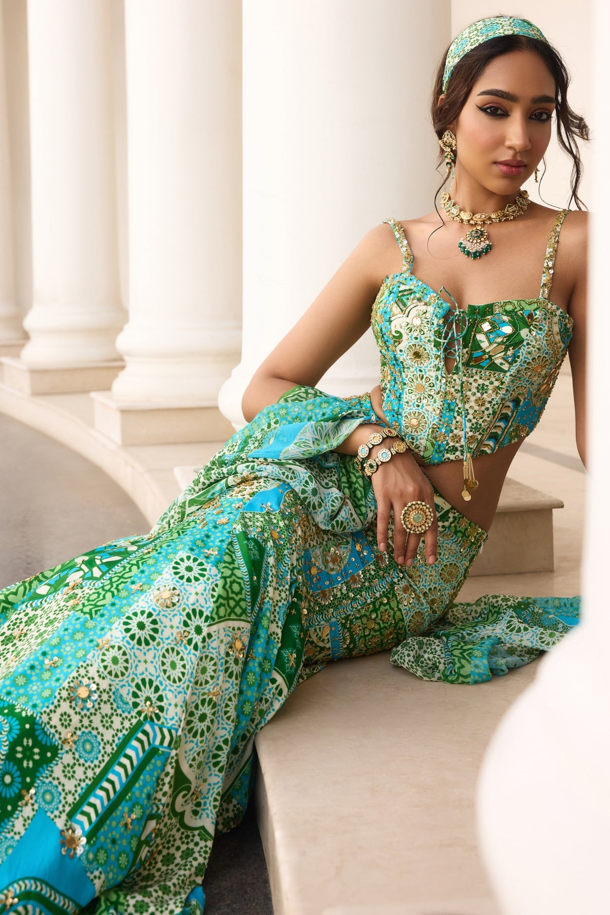 AQUA PRINT AND HIGHLIGHTED CORSET MERMAID SKIRT SET