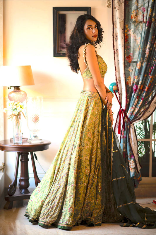 Sage Green Tropical Printed Lehenga Set