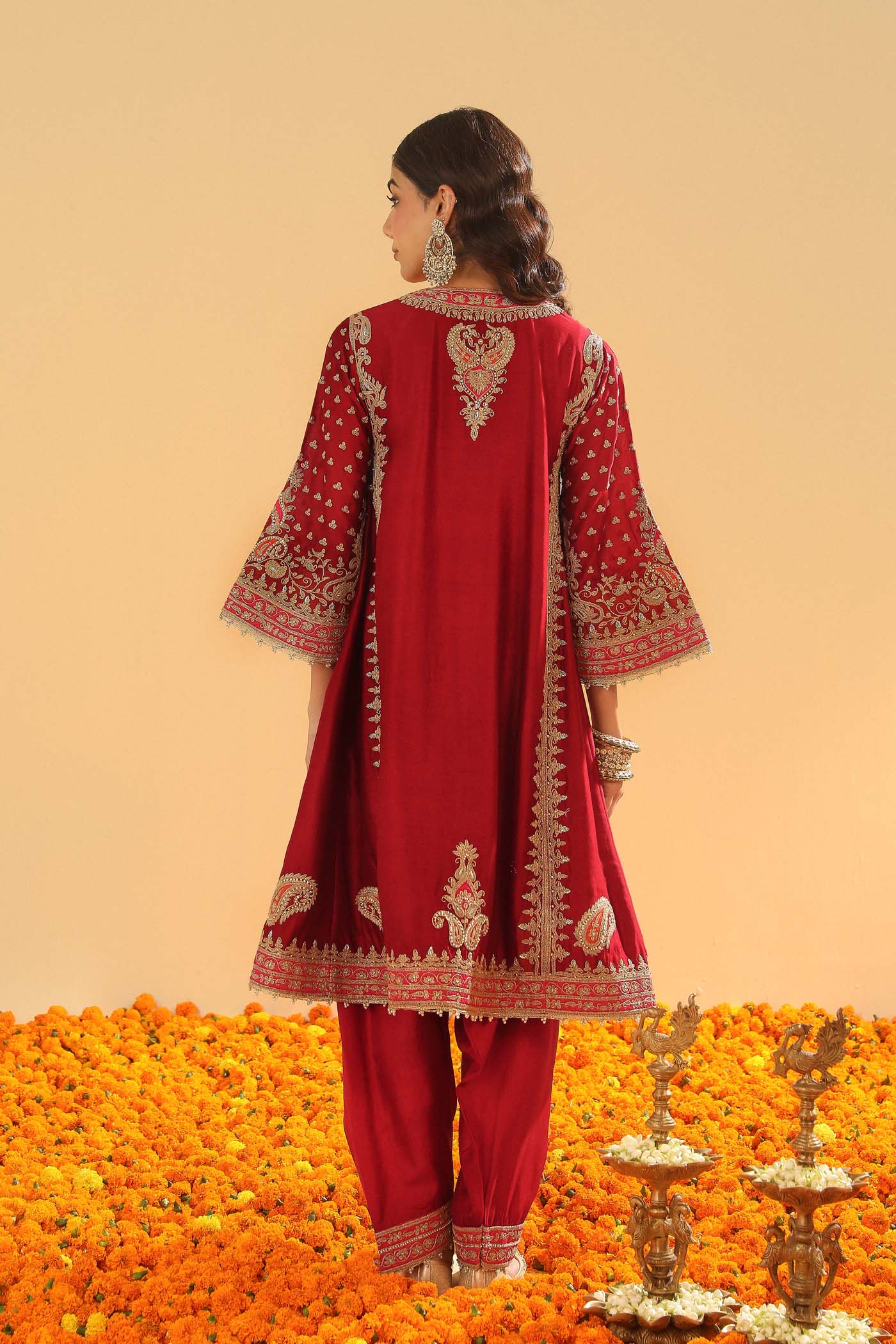 Shahzain - Deep Red Knee Length Kalidaar Chauga with Salwar