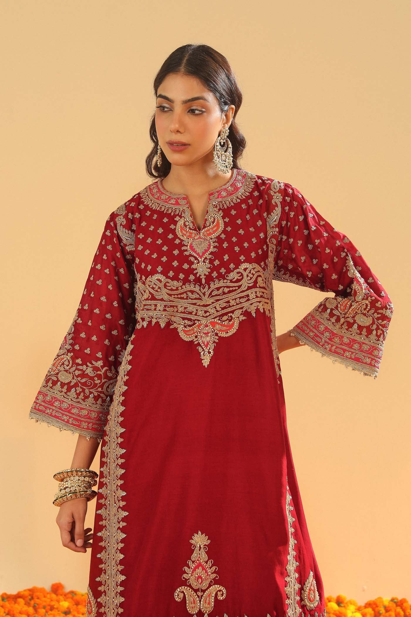 Shahzain - Deep Red Knee Length Kalidaar Chauga with Salwar