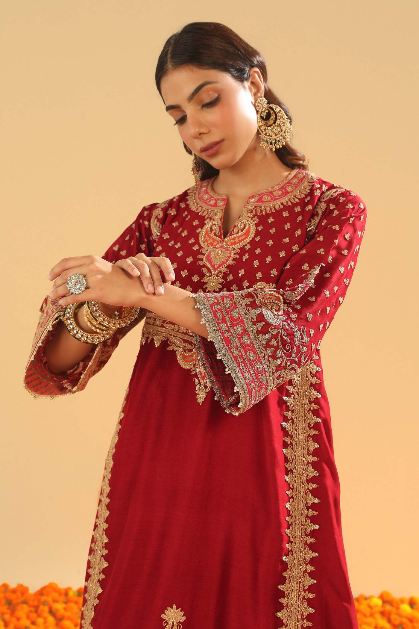 Shahzain - Deep Red Knee Length Kalidaar Chauga with Salwar