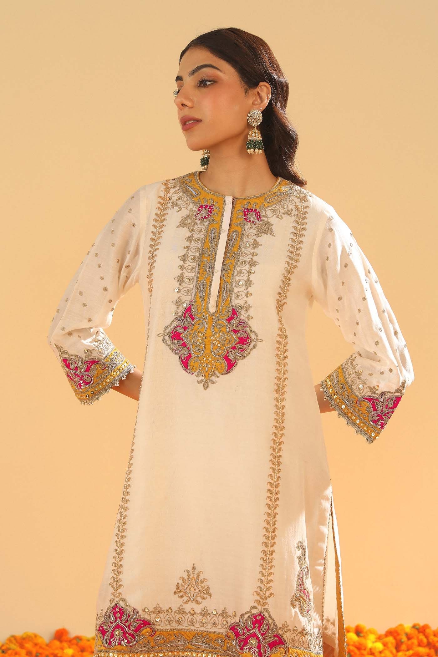 Ziana - Daisy Ivory Short Straight Kurta with Salwar and Dupatta