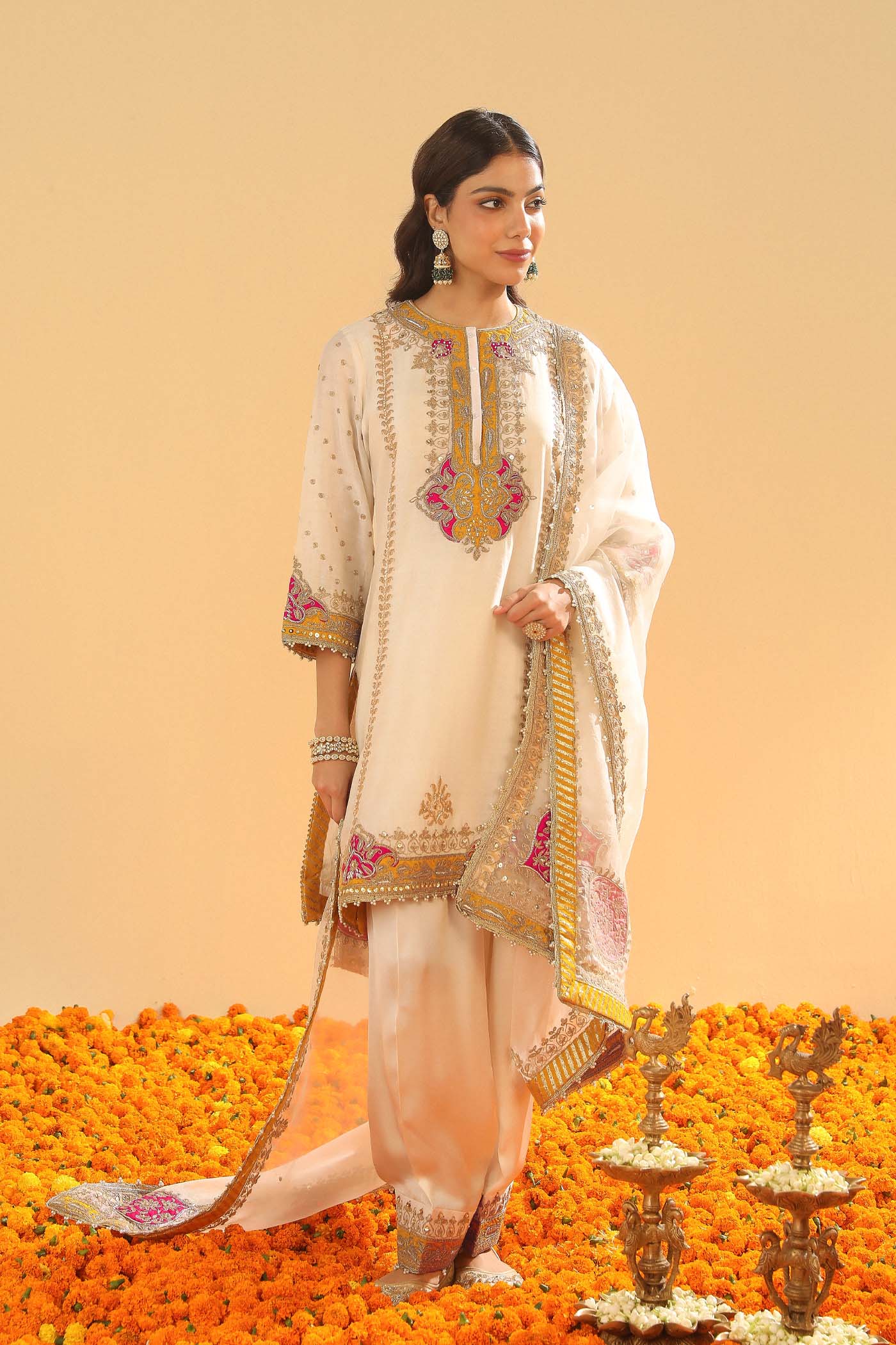 Ziana - Daisy Ivory Short Straight Kurta with Salwar and Dupatta