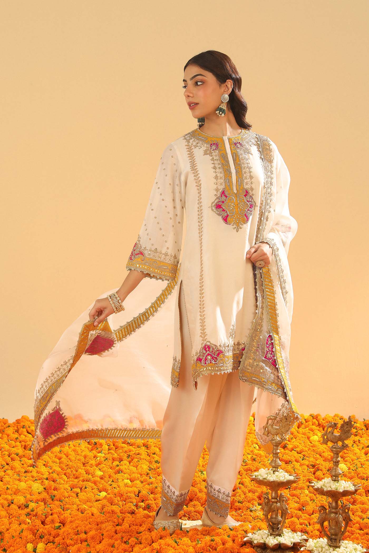 Ziana - Daisy Ivory Short Straight Kurta with Salwar and Dupatta