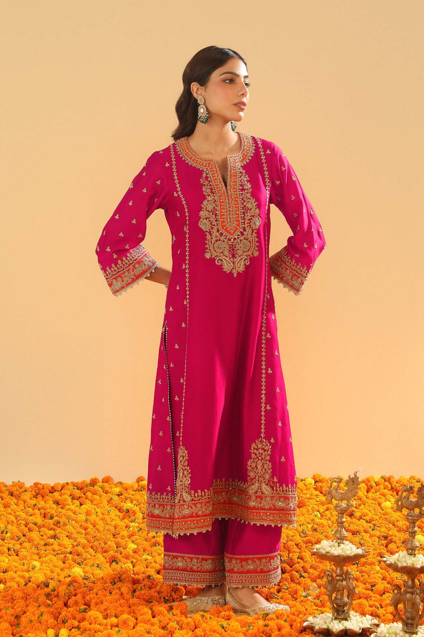Aamish - Hotpink Long A-line Kurta with Palazzo