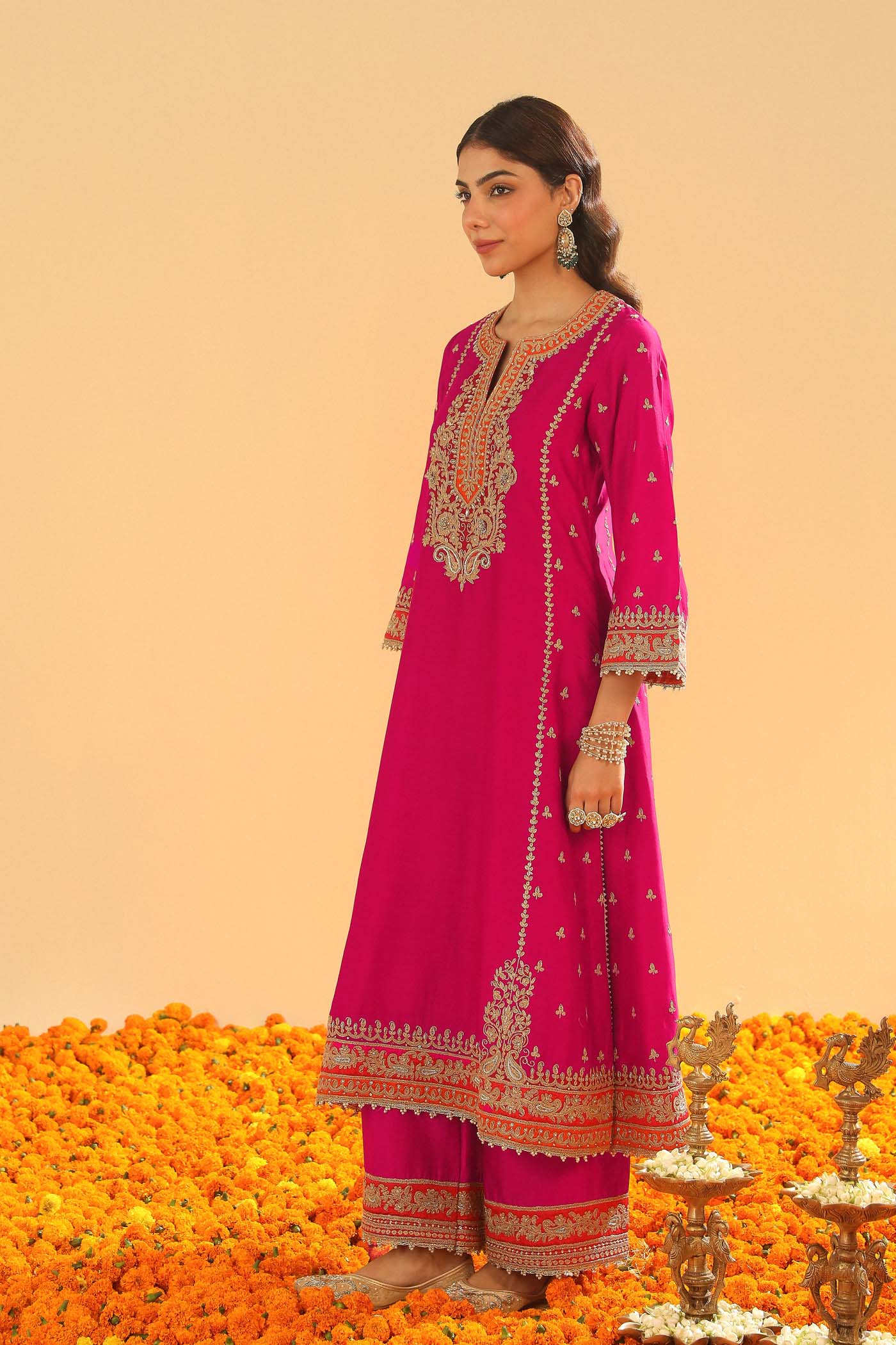 Aamish - Hotpink Long A-line Kurta with Palazzo