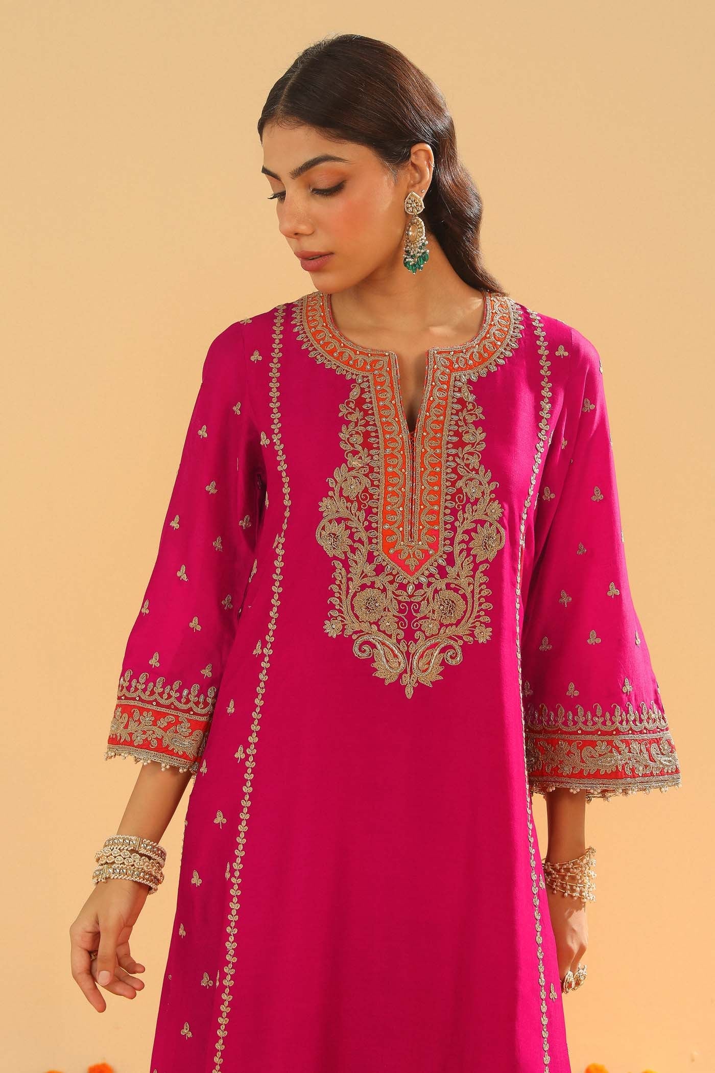 Aamish - Hotpink Long A-line Kurta with Palazzo