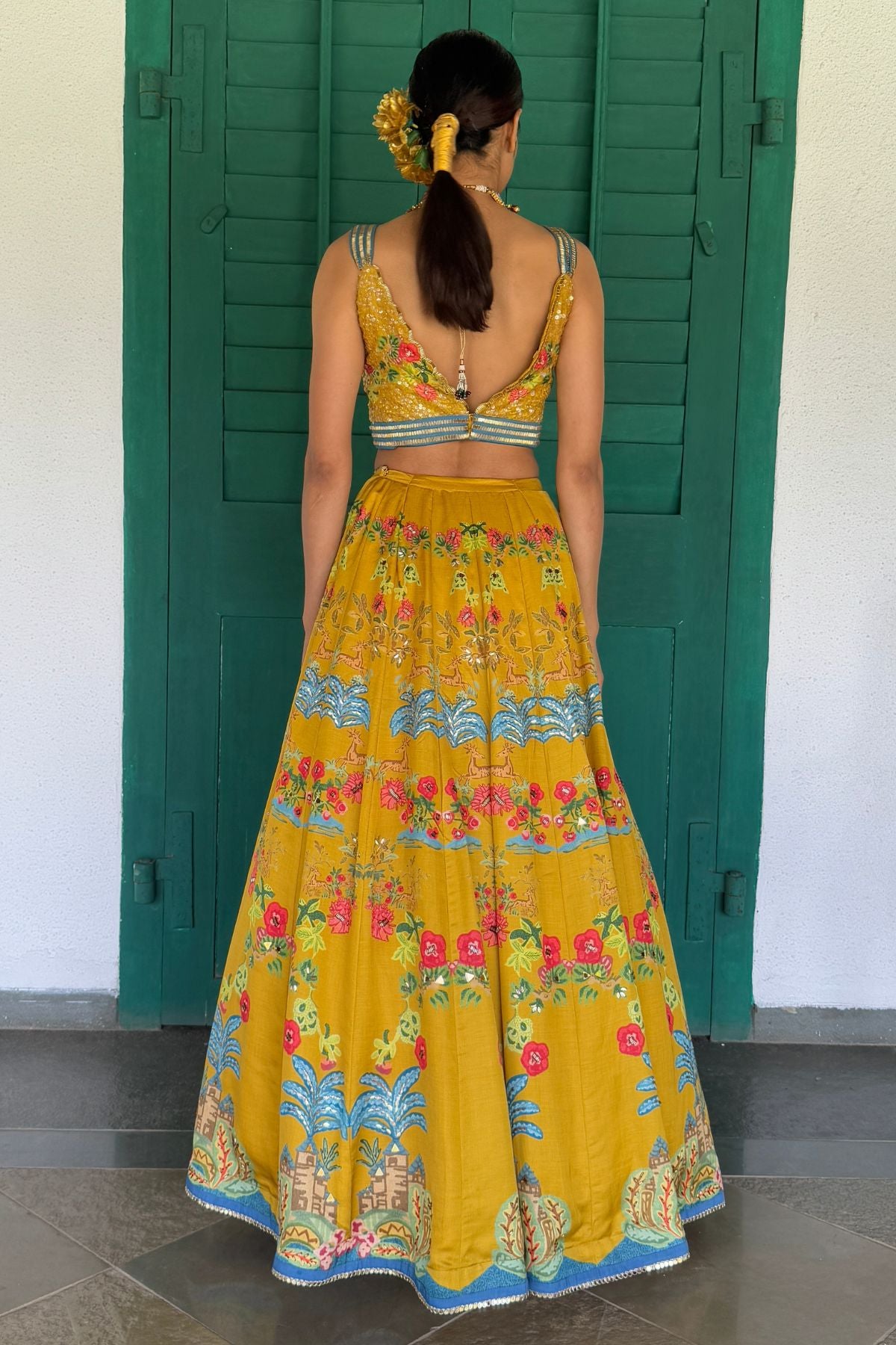 Mustard Linen Satin & Organza Printed Lehenga Set