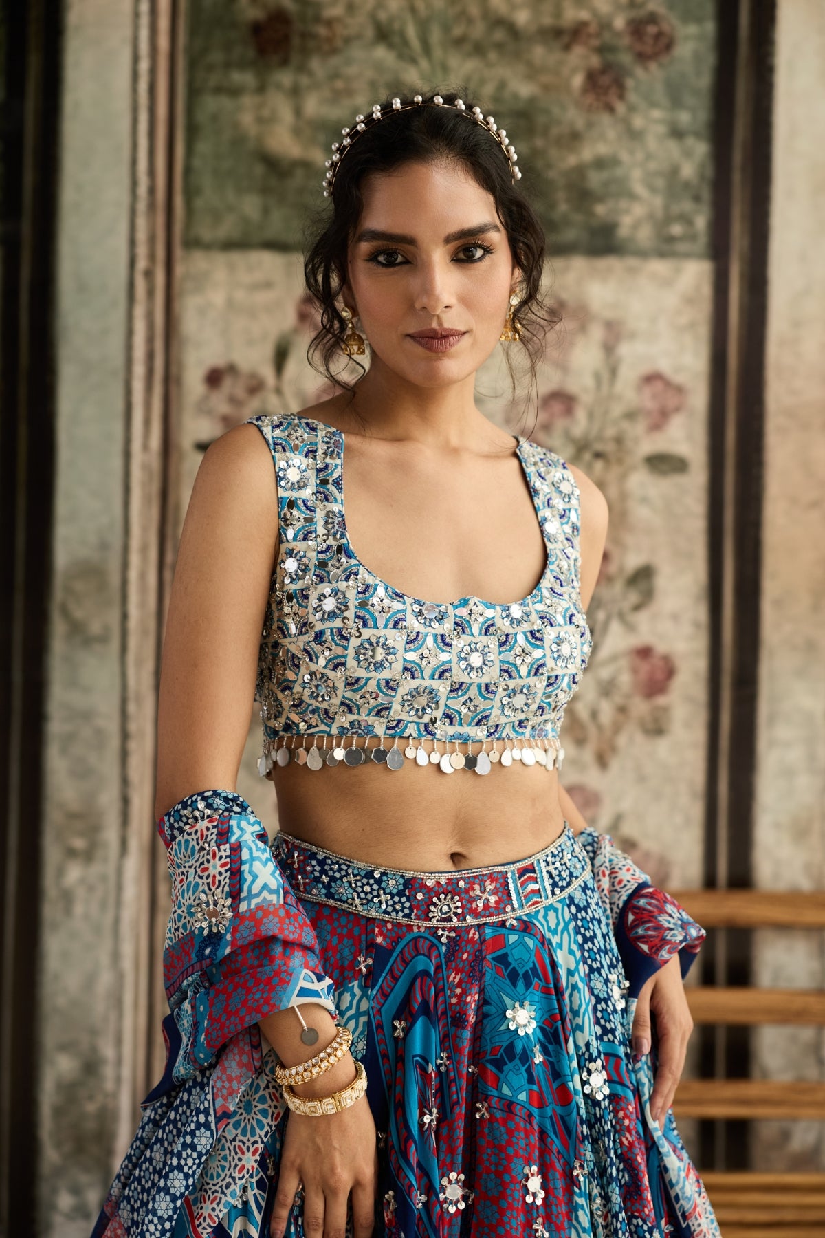 Ivory Butta Print And Highlighted Blouse With Teal Print And Highlighted Lehenga Set
