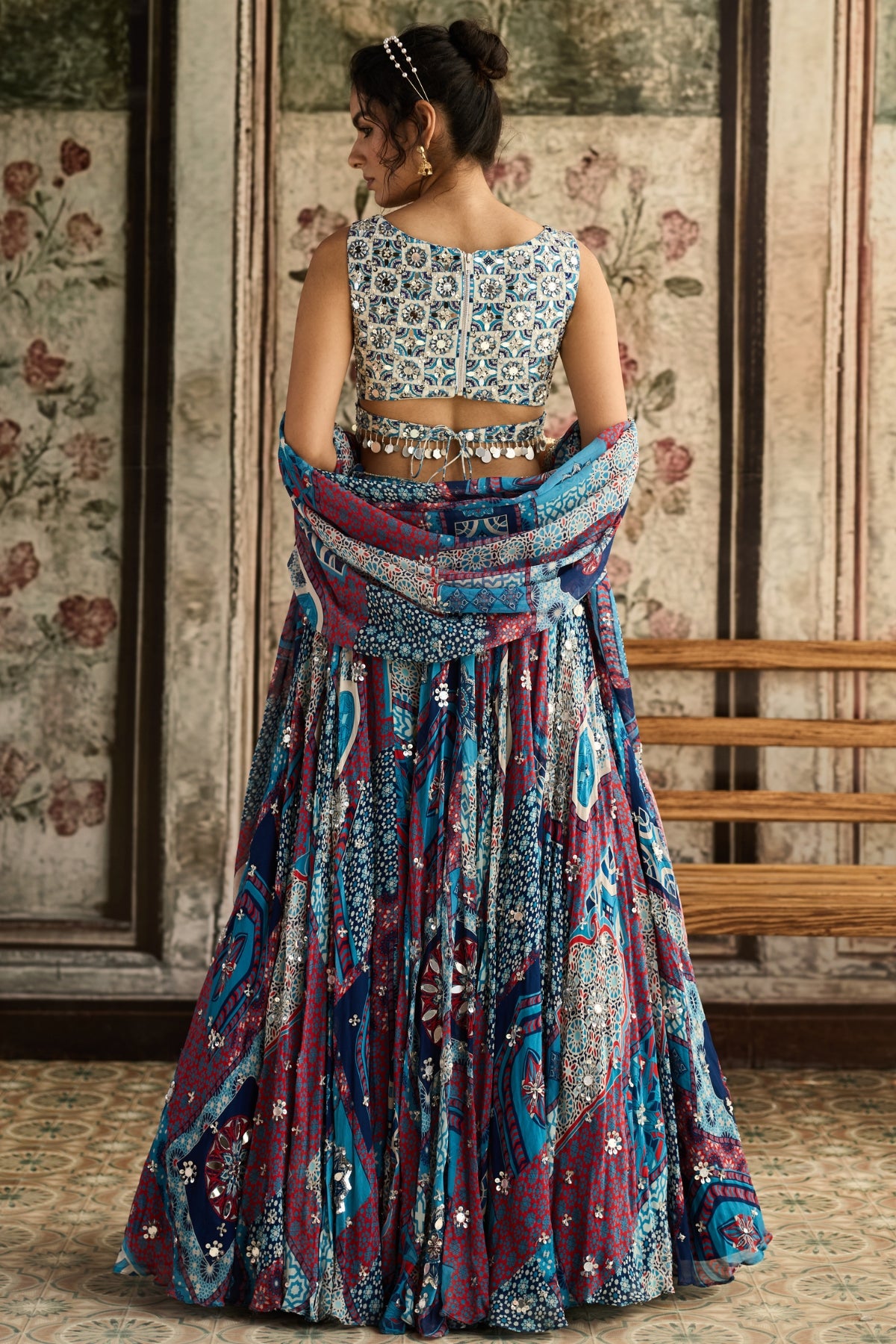 Ivory Butta Print And Highlighted Blouse With Teal Print And Highlighted Lehenga Set
