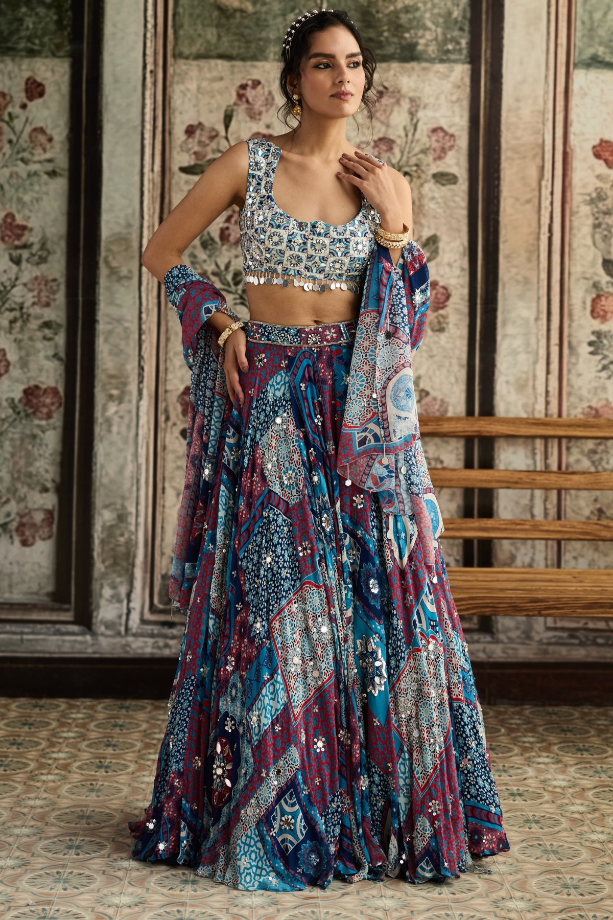 Ivory Butta Print And Highlighted Blouse With Teal Print And Highlighted Lehenga Set