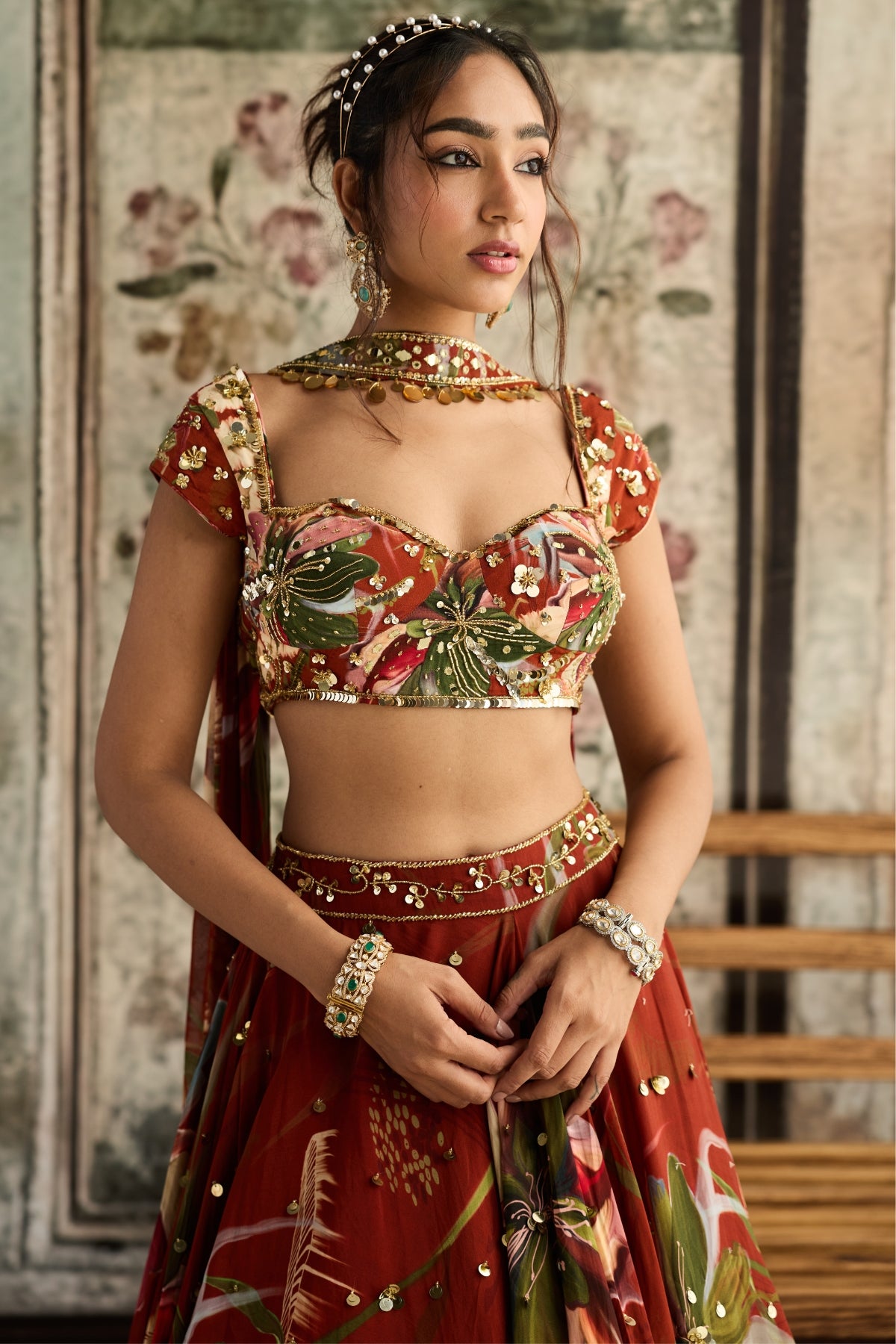RUST FLORAL PRINT AND HIGHLIGHTED LEHENGA SET