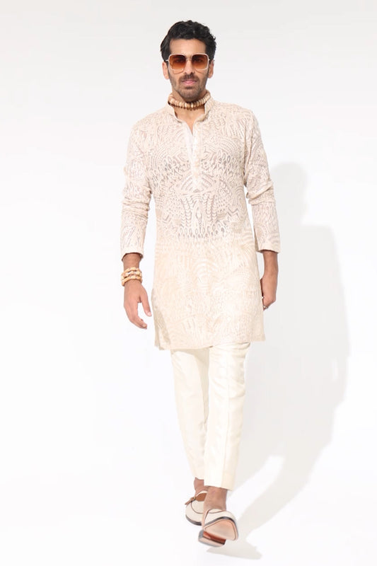 Beige Organza Embroidered Kurta With Pants