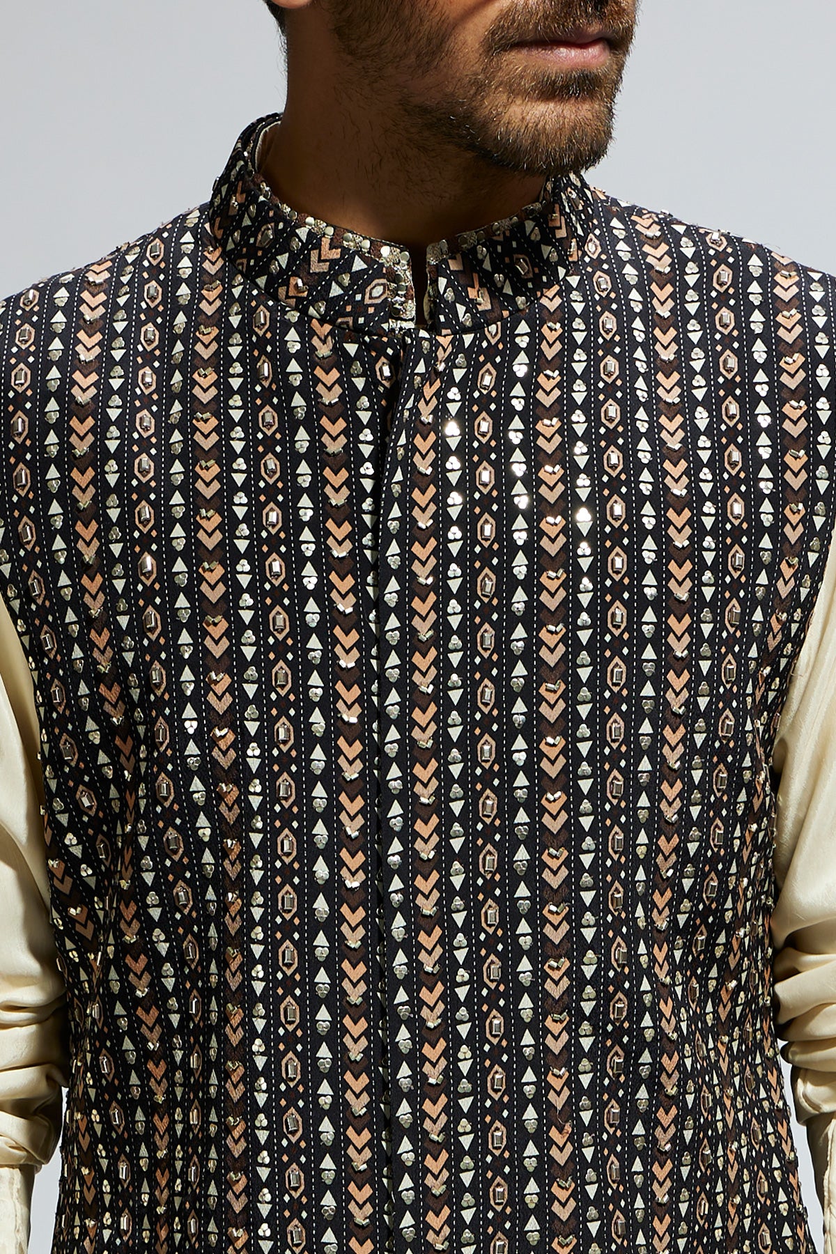 Black Boho Stripe Embellished Bundi with Ivory Kurta and Pants