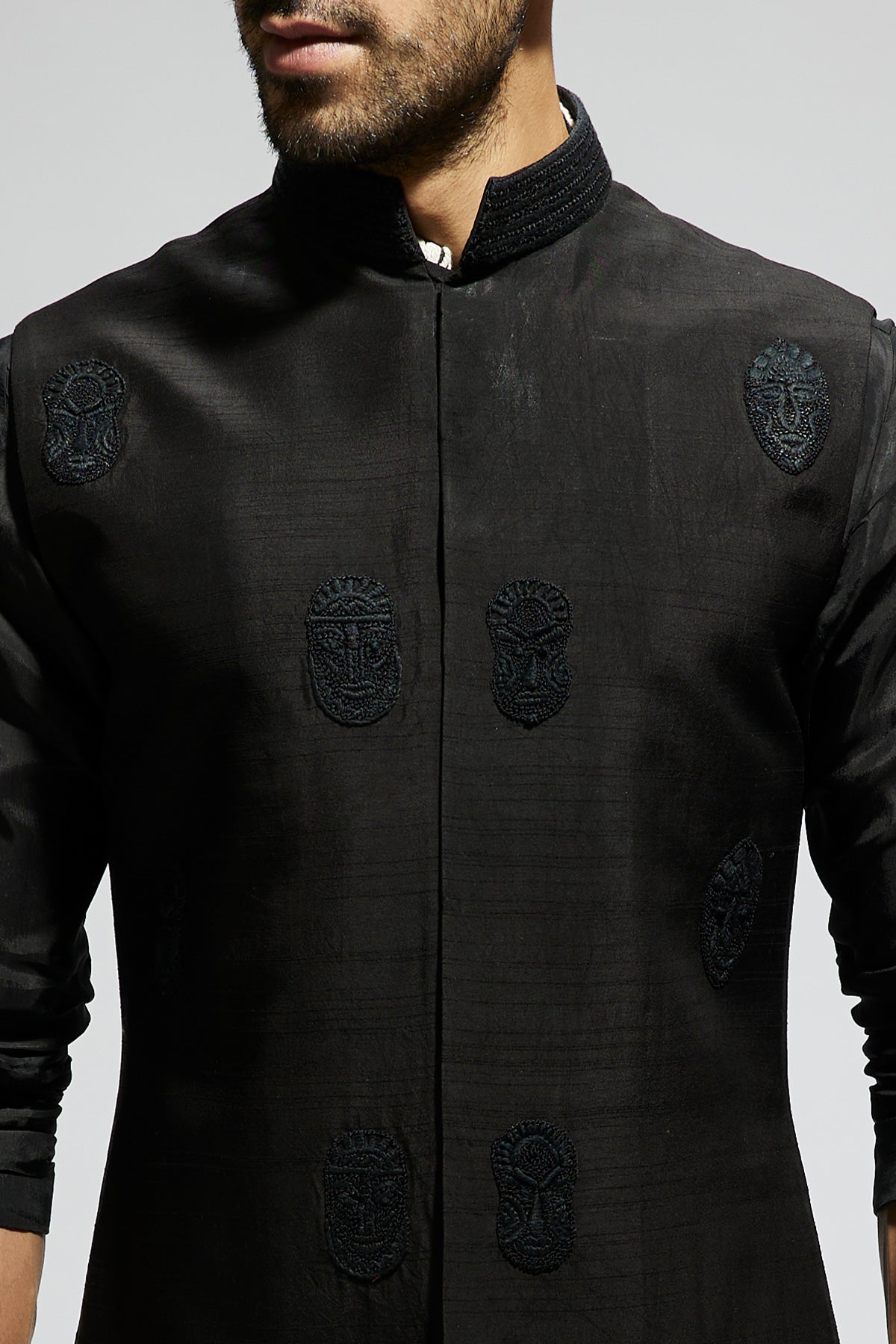 Black Mask Threadwork Bundi with Black Kurta and Pants
