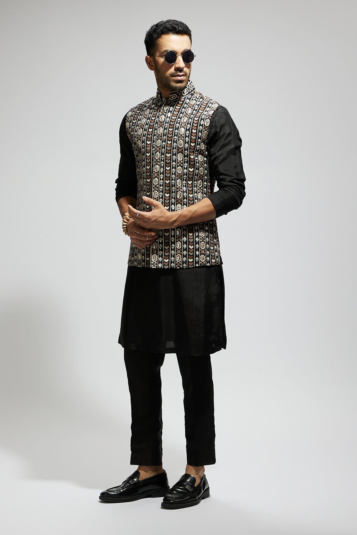 Black Geo Embroidered Bundi with Kurta and Pants