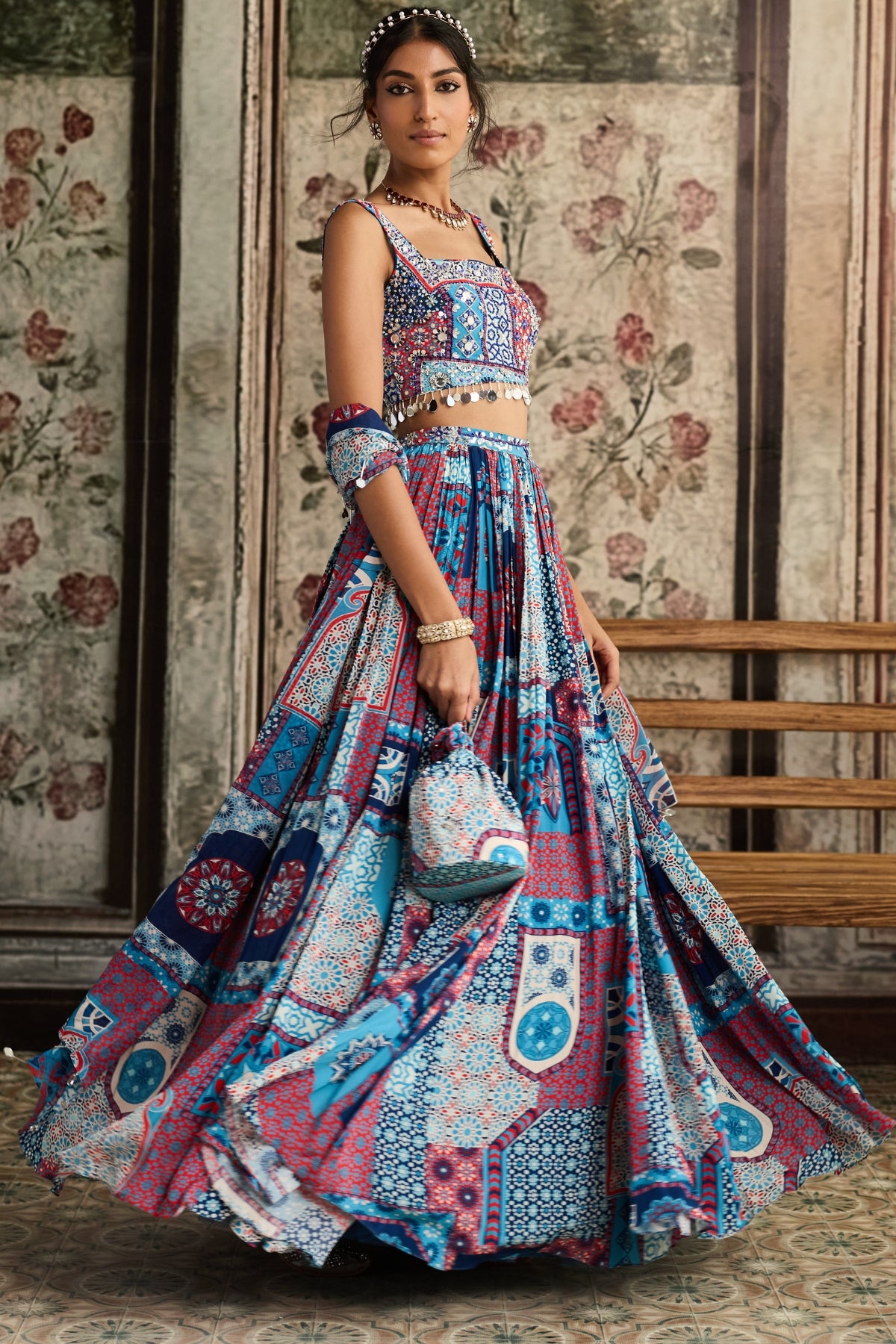TEAL PRINT AND HIGHLIGHTED SQUARE NECK BLOUSE WITH LEHENGA SET