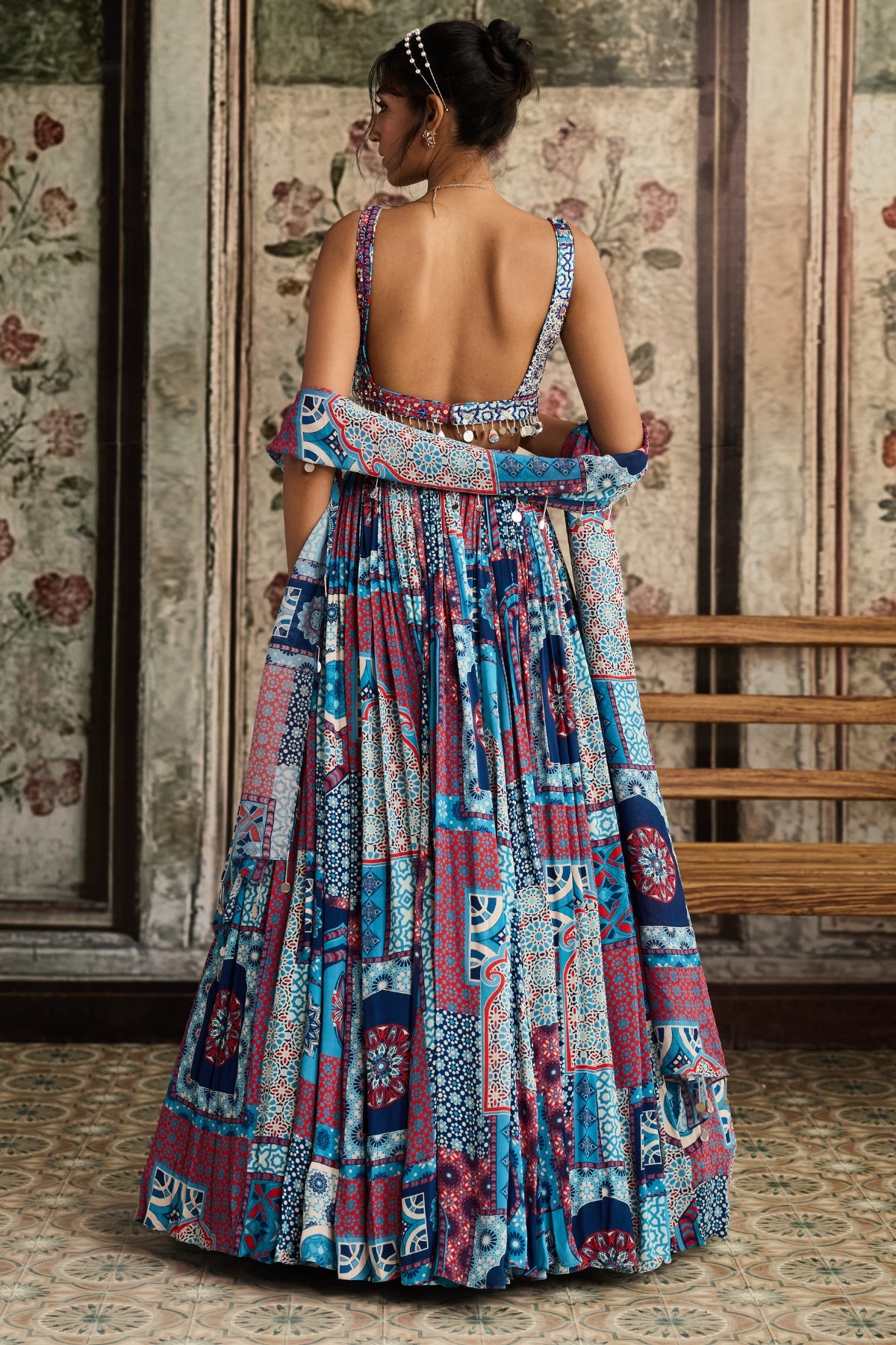 TEAL PRINT AND HIGHLIGHTED SQUARE NECK BLOUSE WITH LEHENGA SET