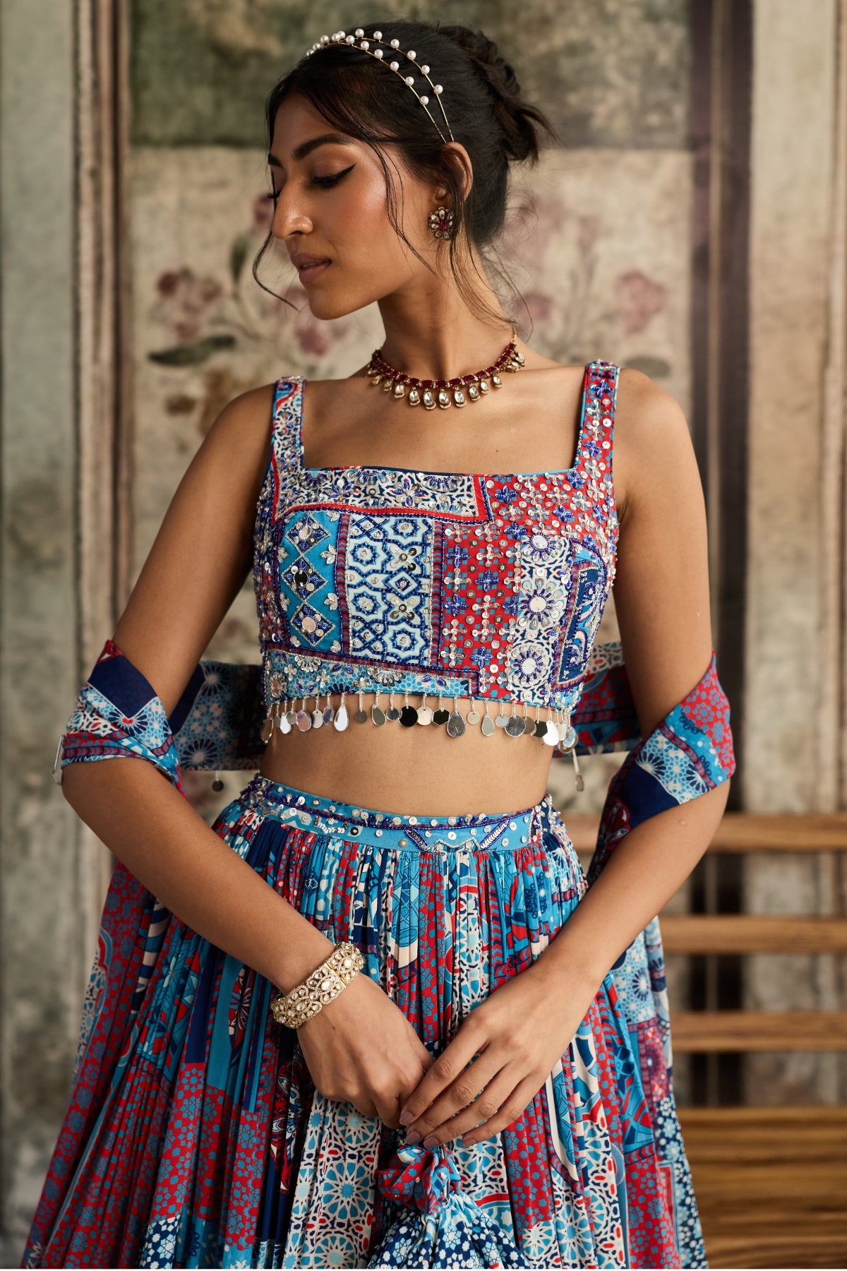 TEAL PRINT AND HIGHLIGHTED SQUARE NECK BLOUSE WITH LEHENGA SET