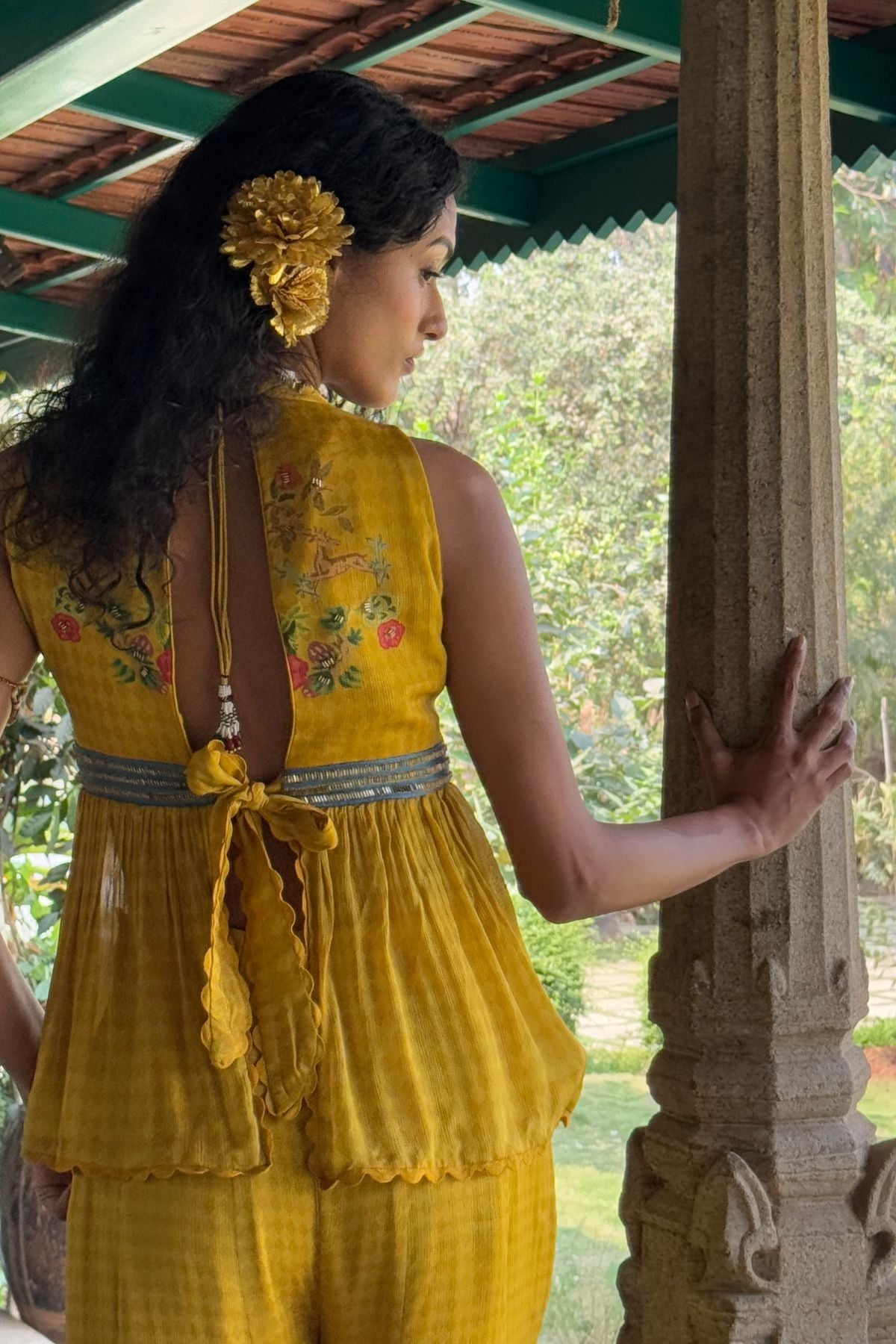 Mustard Chiffon Printed & Embroidered Co-Ord Set