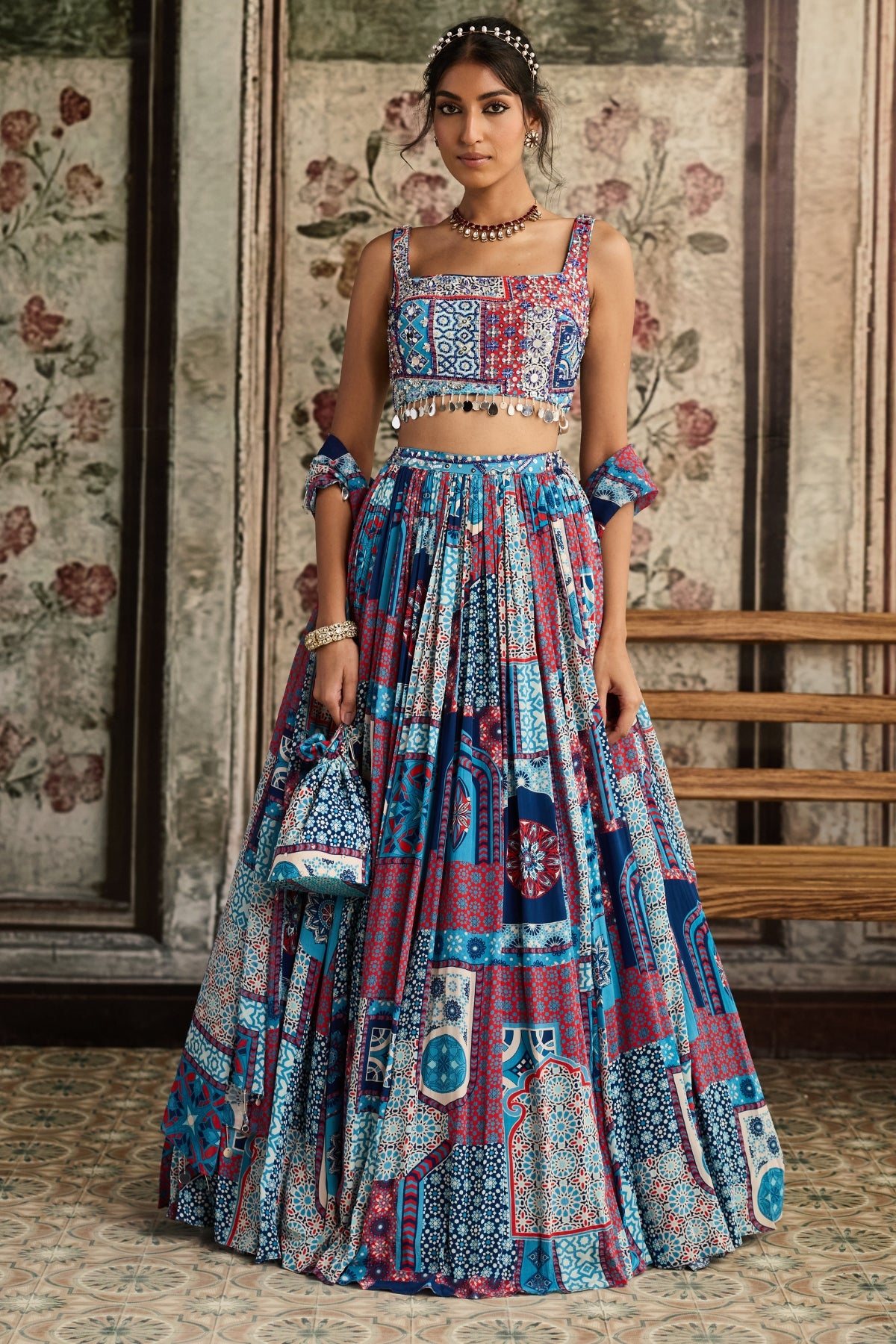 TEAL PRINT AND HIGHLIGHTED SQUARE NECK BLOUSE WITH LEHENGA SET