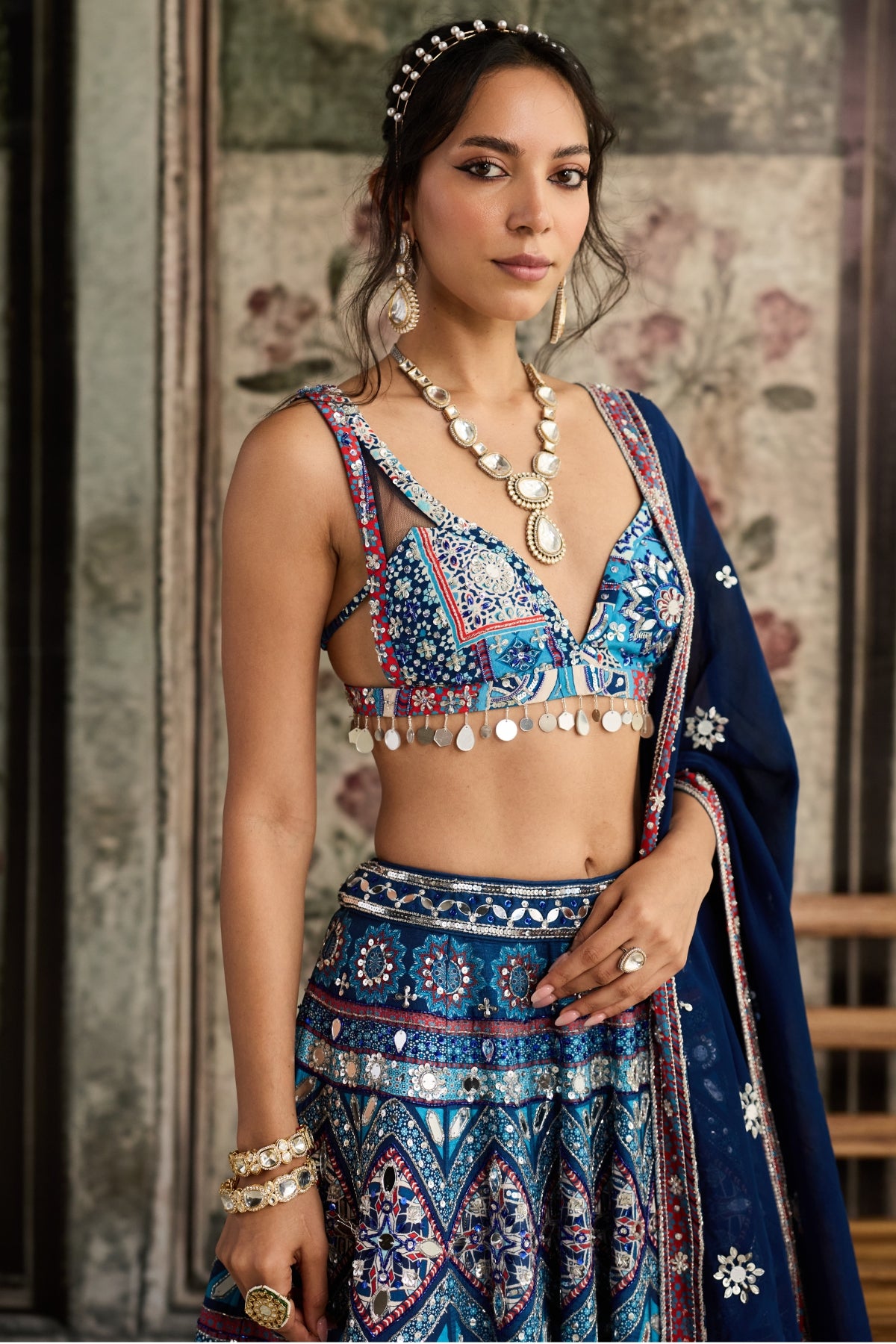 TEAL PRINT AND AND HIGHLIGHTED LEHENGA SET