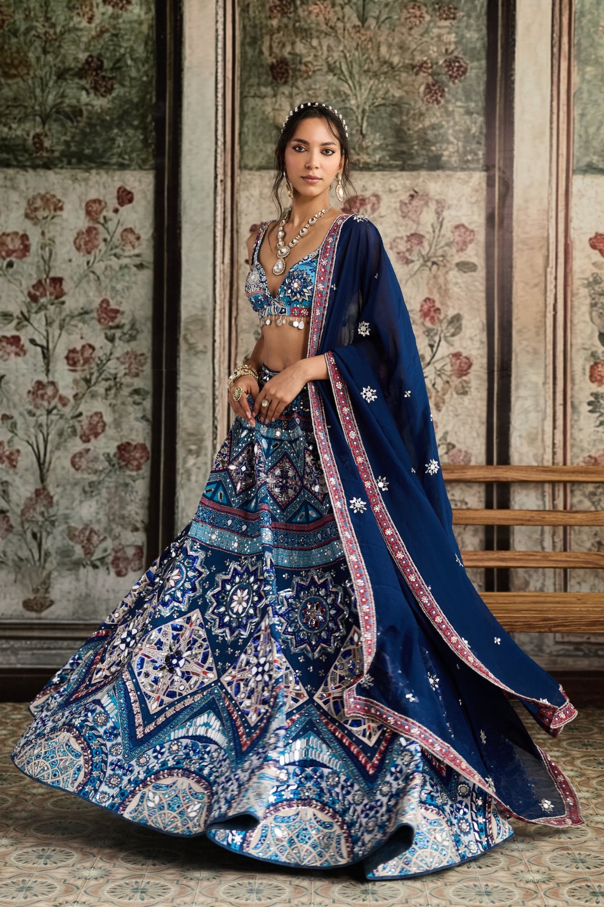 TEAL PRINT AND AND HIGHLIGHTED LEHENGA SET
