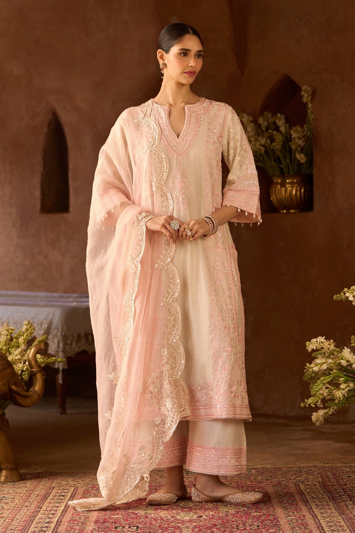 Nurvi - Daisy Ivory With Pink Long A-line Kurta With Palazzo And Dupatta